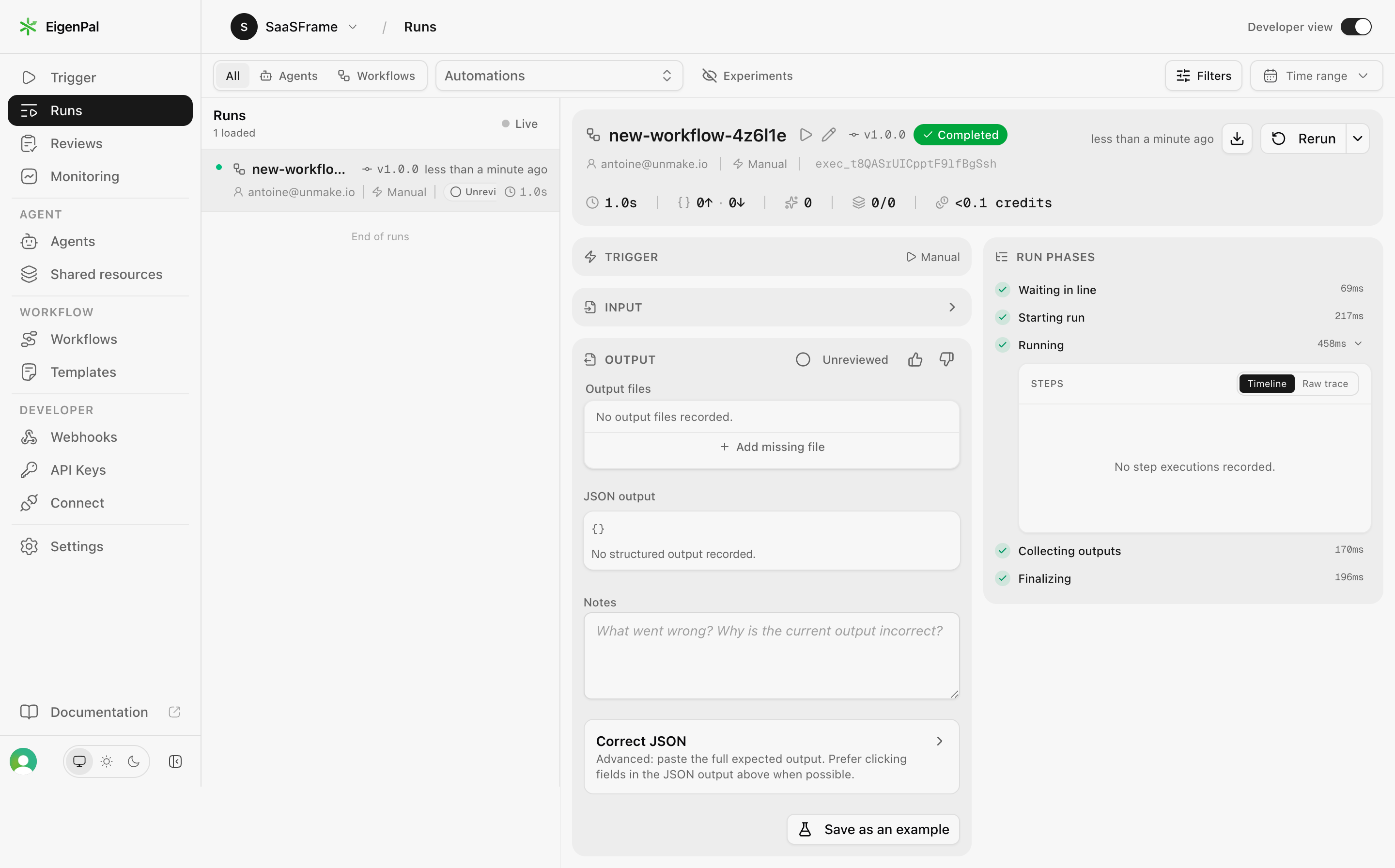 EigenPal run history with a selected completed workflow, execution metadata, outputs, and run phases.