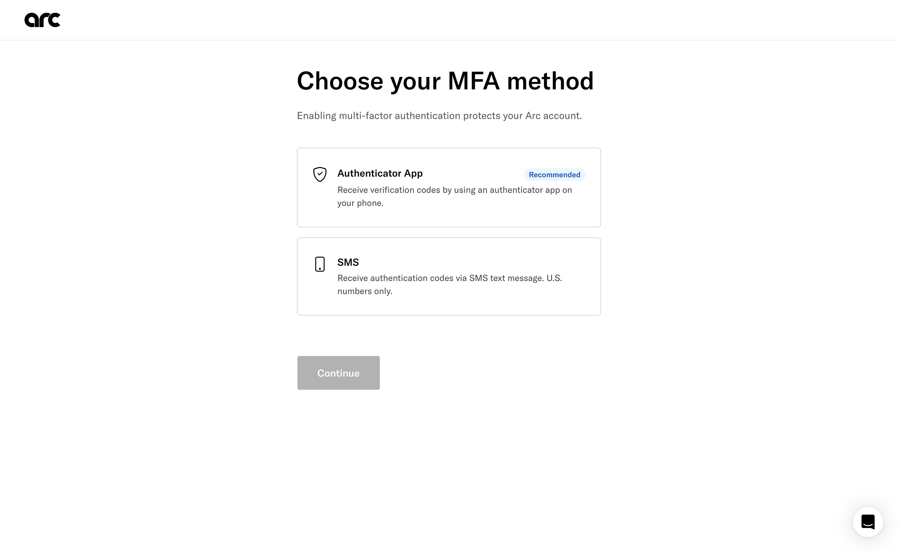 Arc onboarding screen offering authenticator app and SMS multi-factor authentication methods