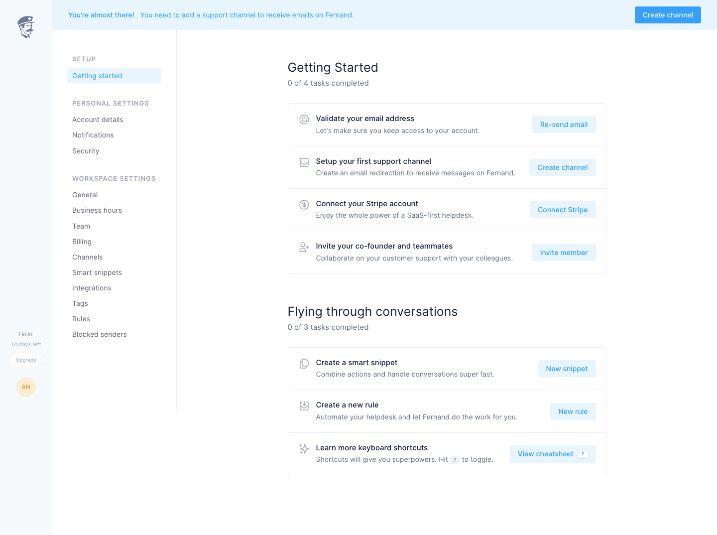 Fernand onboarding checklist with separate setup and learning sections, completion counts, and direct actions