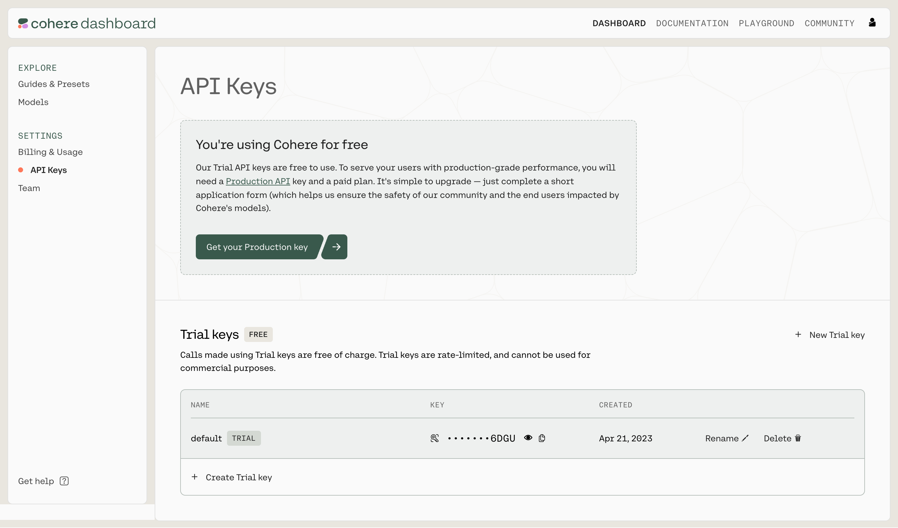 Cohere API settings distinguishing trial keys and production access with a named masked-key row
