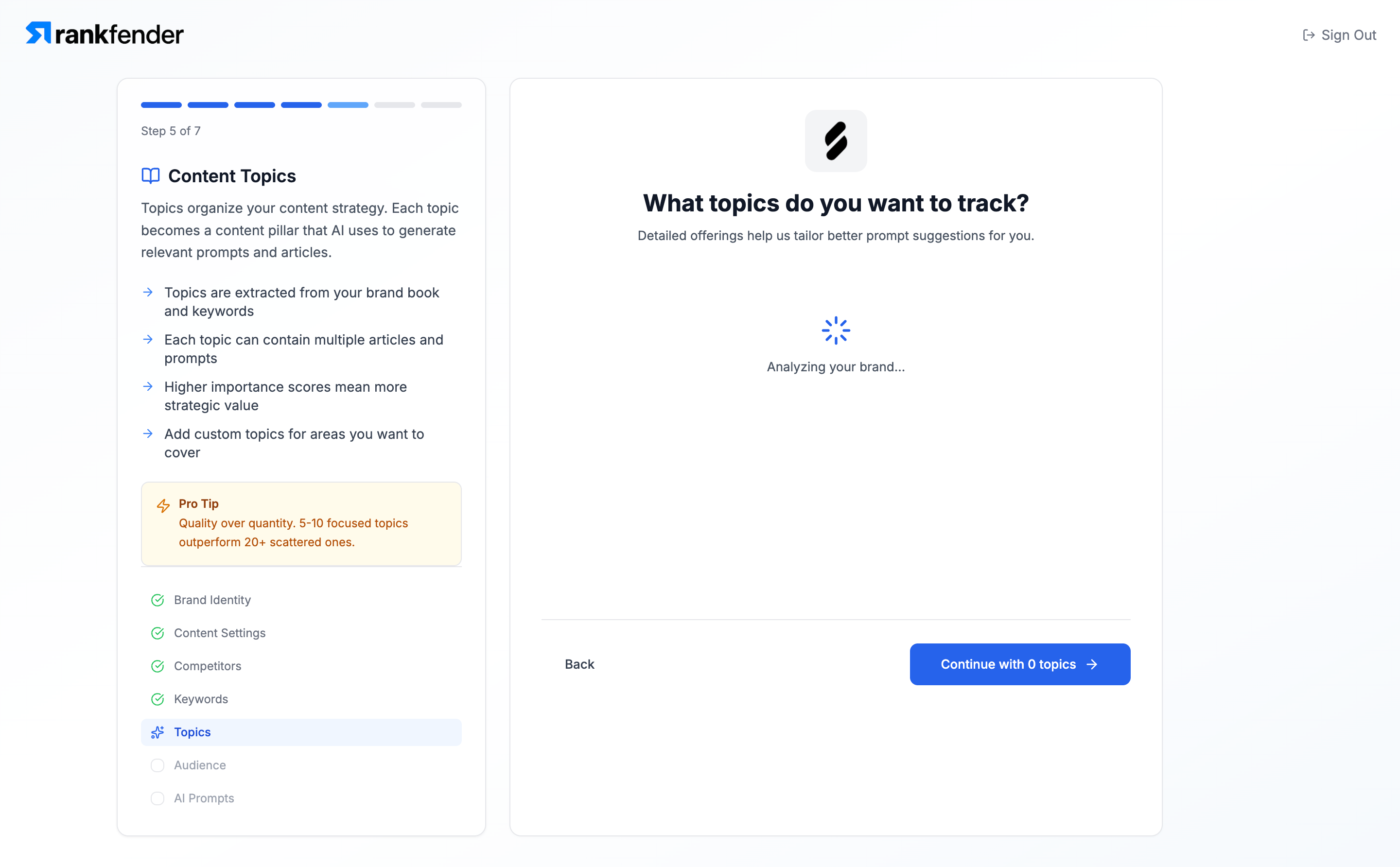 Rankfender topic-selection onboarding step with an Analyzing your brand spinner, step navigation, and a Continue with 0 topics action