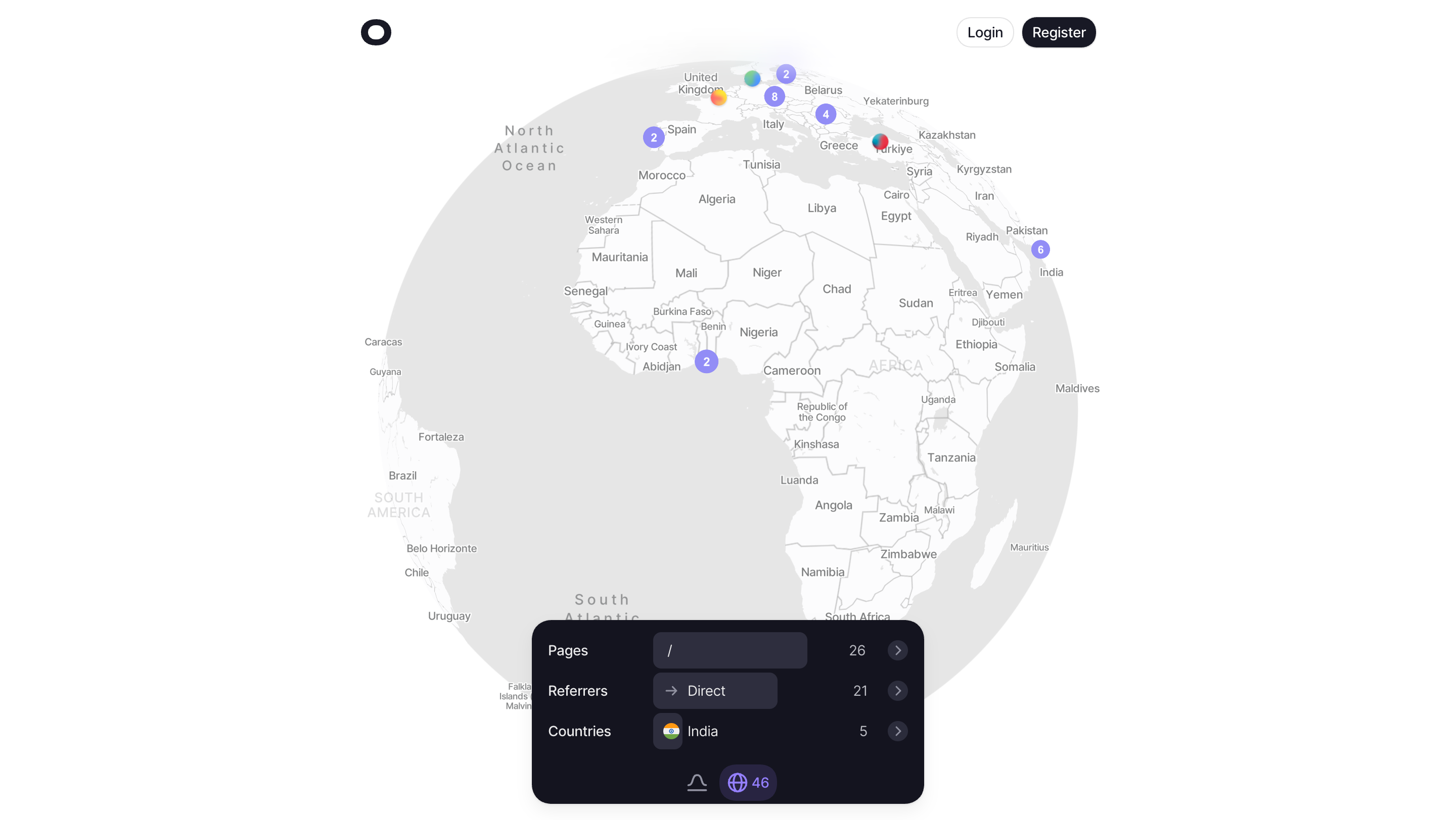 Visitors geographic overview with individual and numbered markers plus page, referrer, and country summaries