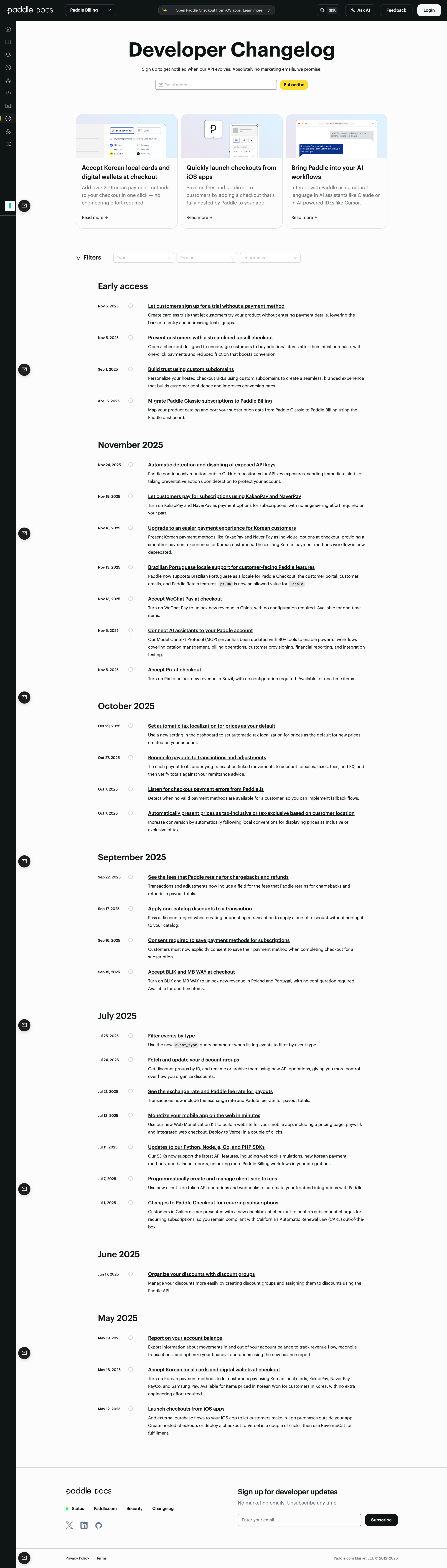 Paddle developer changelog with featured release cards, Type Product and Importance filters, an Early access section, and monthly release groups