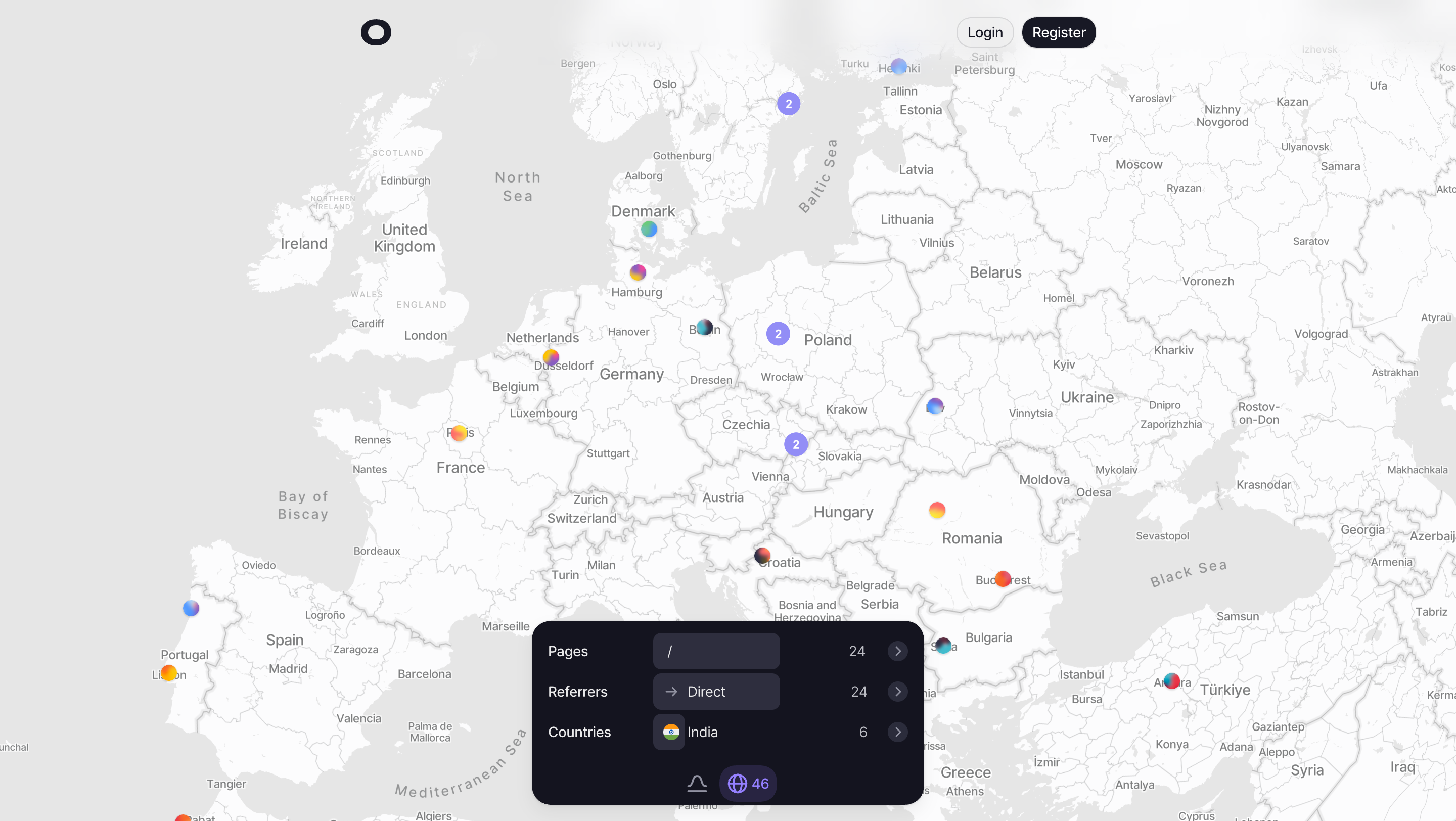 Visitors regional map focused on Europe with markers and the same summary-panel structure