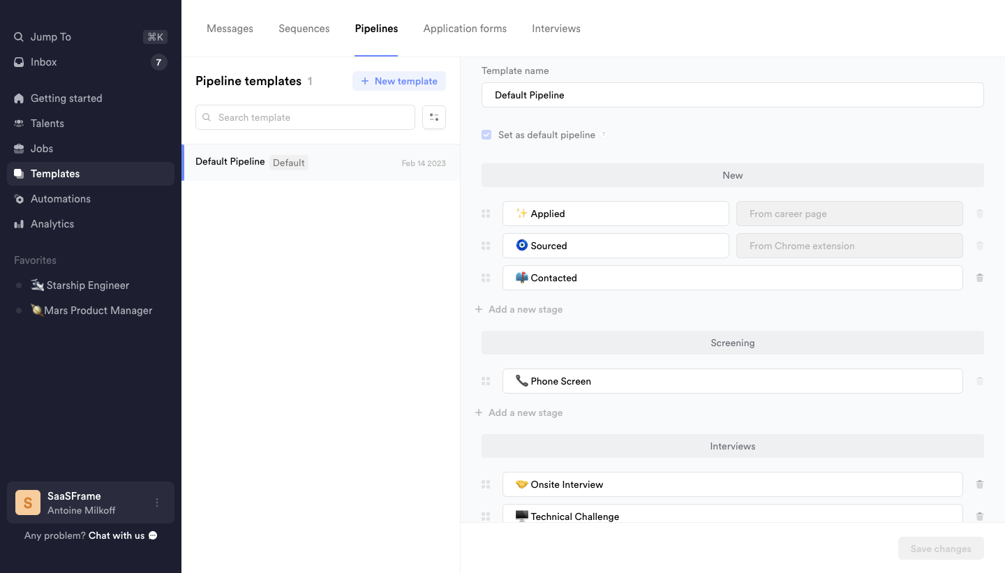 Crew pipeline template editor with grip-style handles beside stages grouped into pipeline sections
