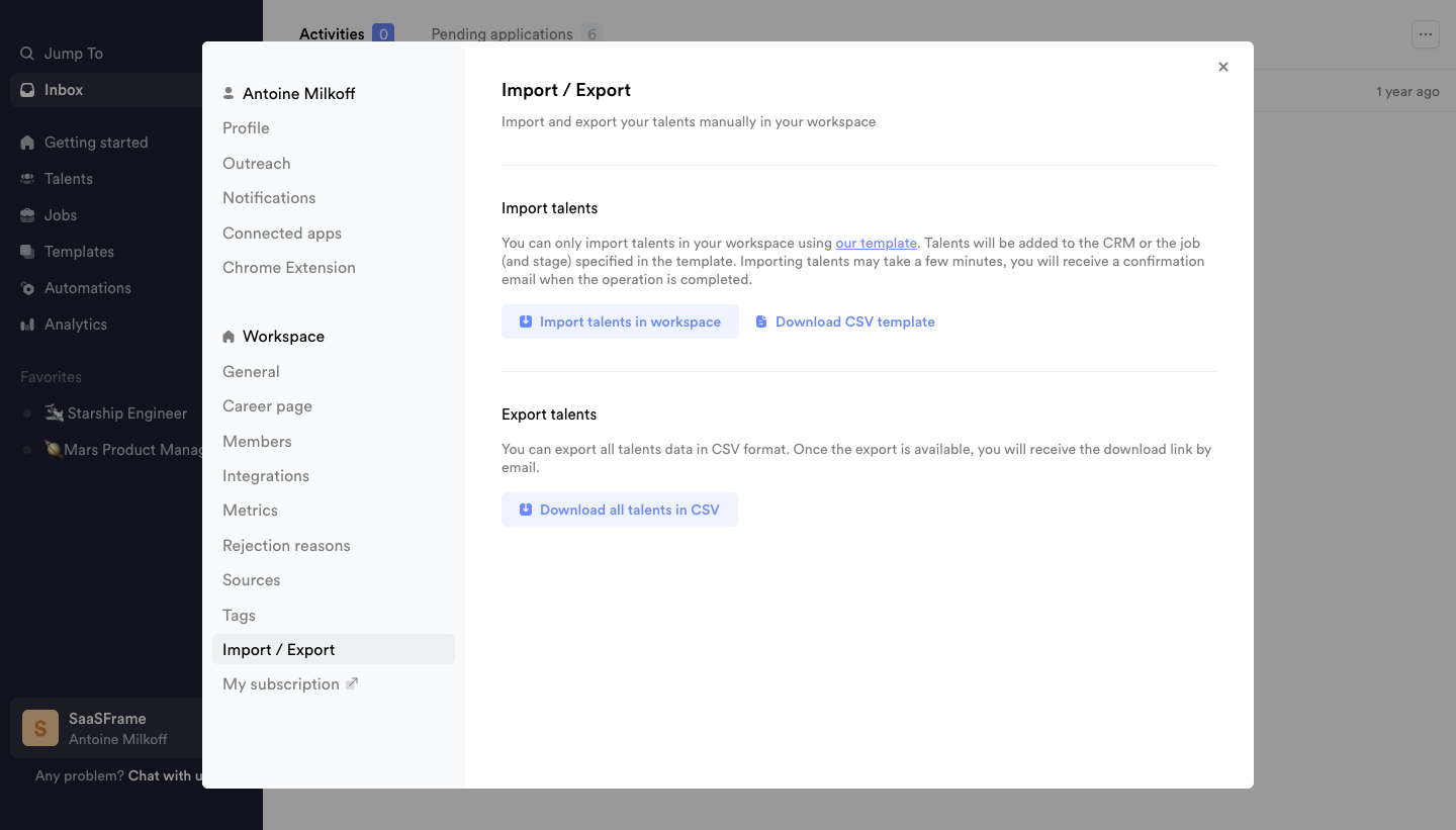Crew import and export settings with separate talent-transfer sections and a CSV template download