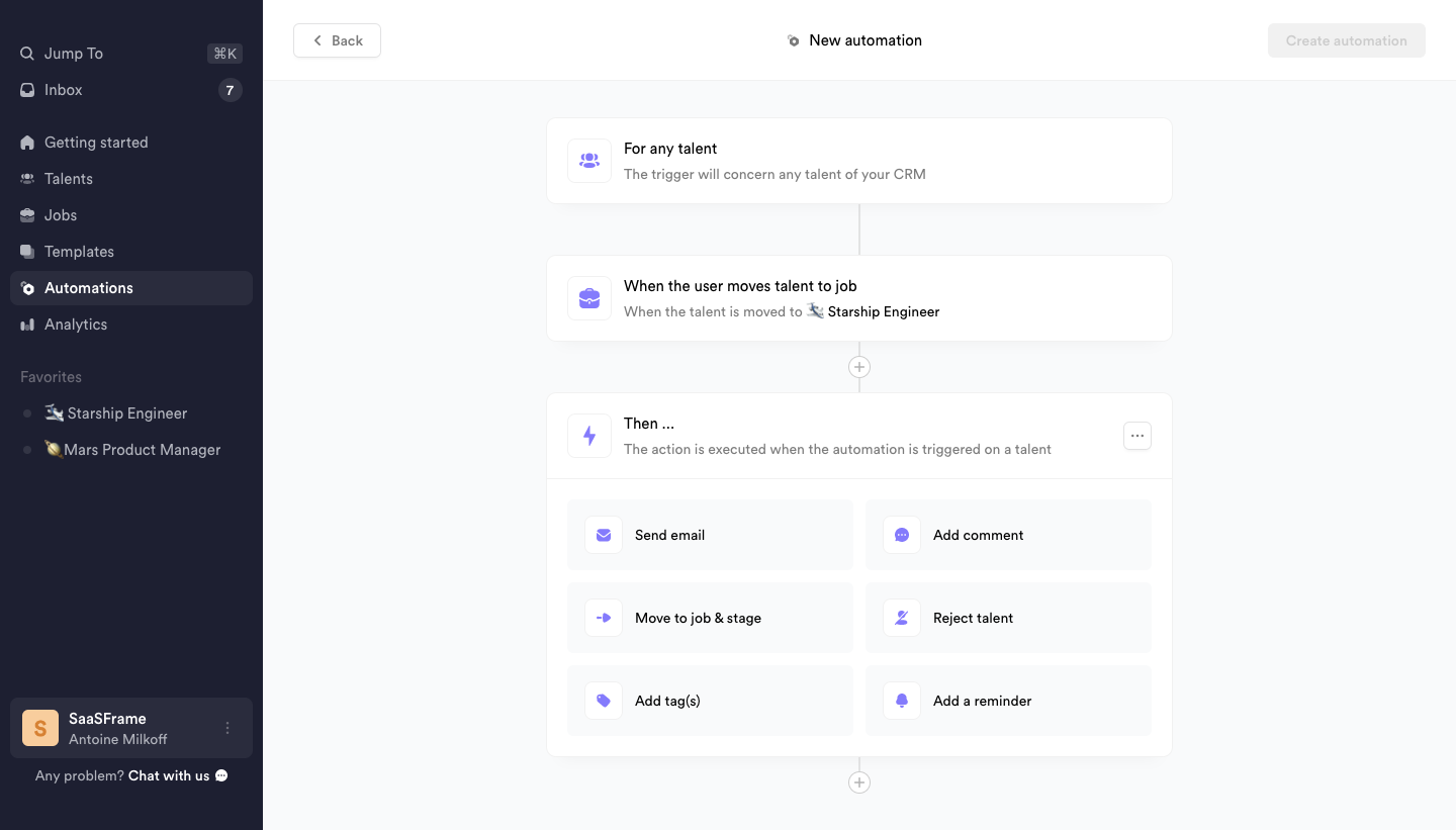 Crew automation with a selected job-movement trigger and an action picker