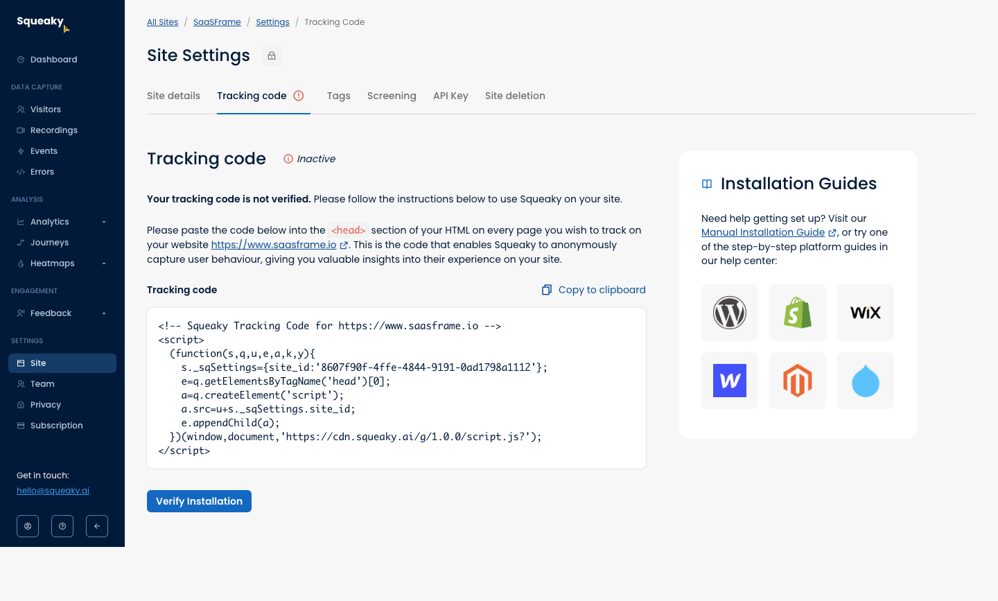 Squeaky tracking-code settings with a Copy to clipboard action, installation instructions, and Verify Installation button.