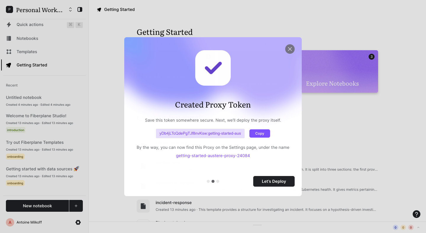 Fiberplane onboarding dialog showing a generated proxy token with a Copy button and a Let's Deploy action.