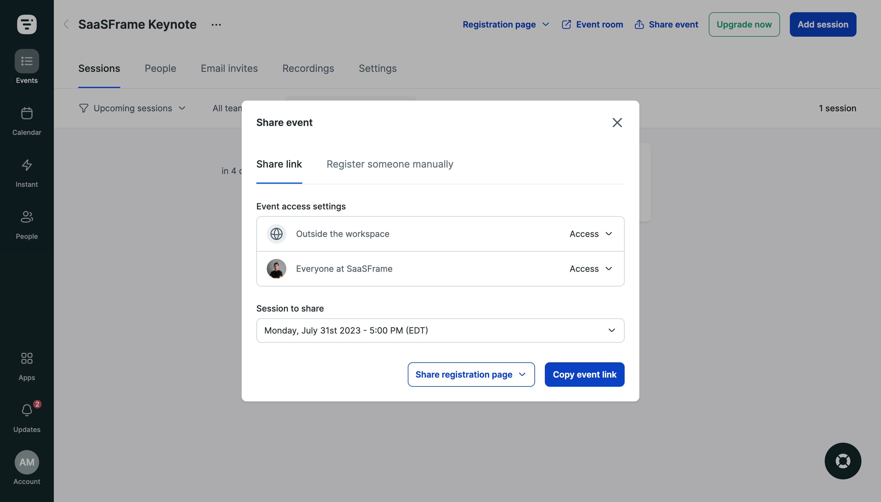 Livestorm Share Event SaaS interface example