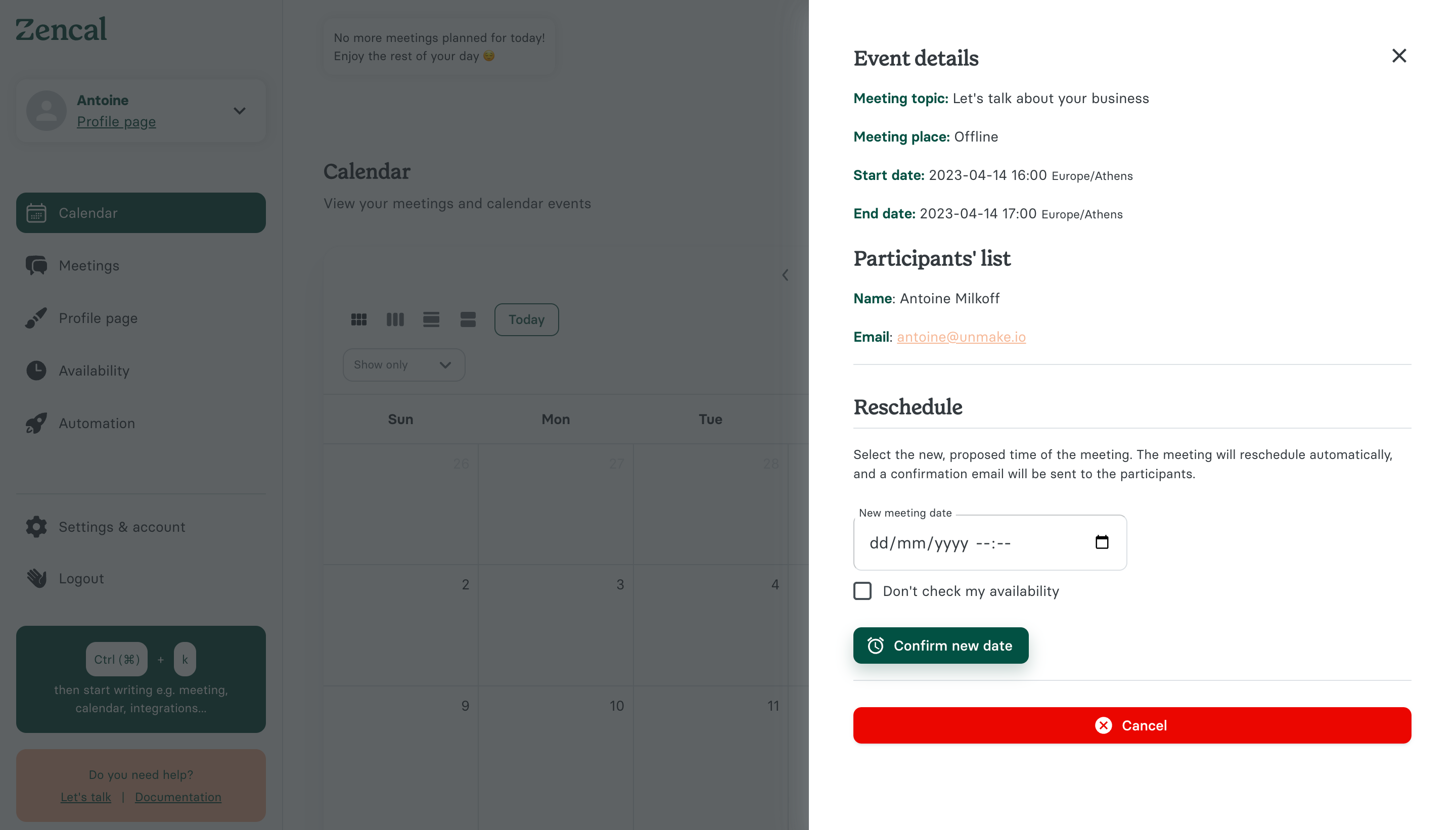 Zencal Meeting Details SaaS interface example
