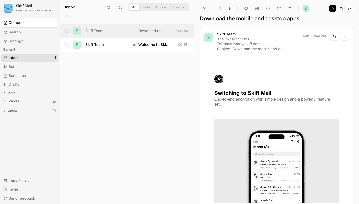 Skiff Inbox SaaS interface example