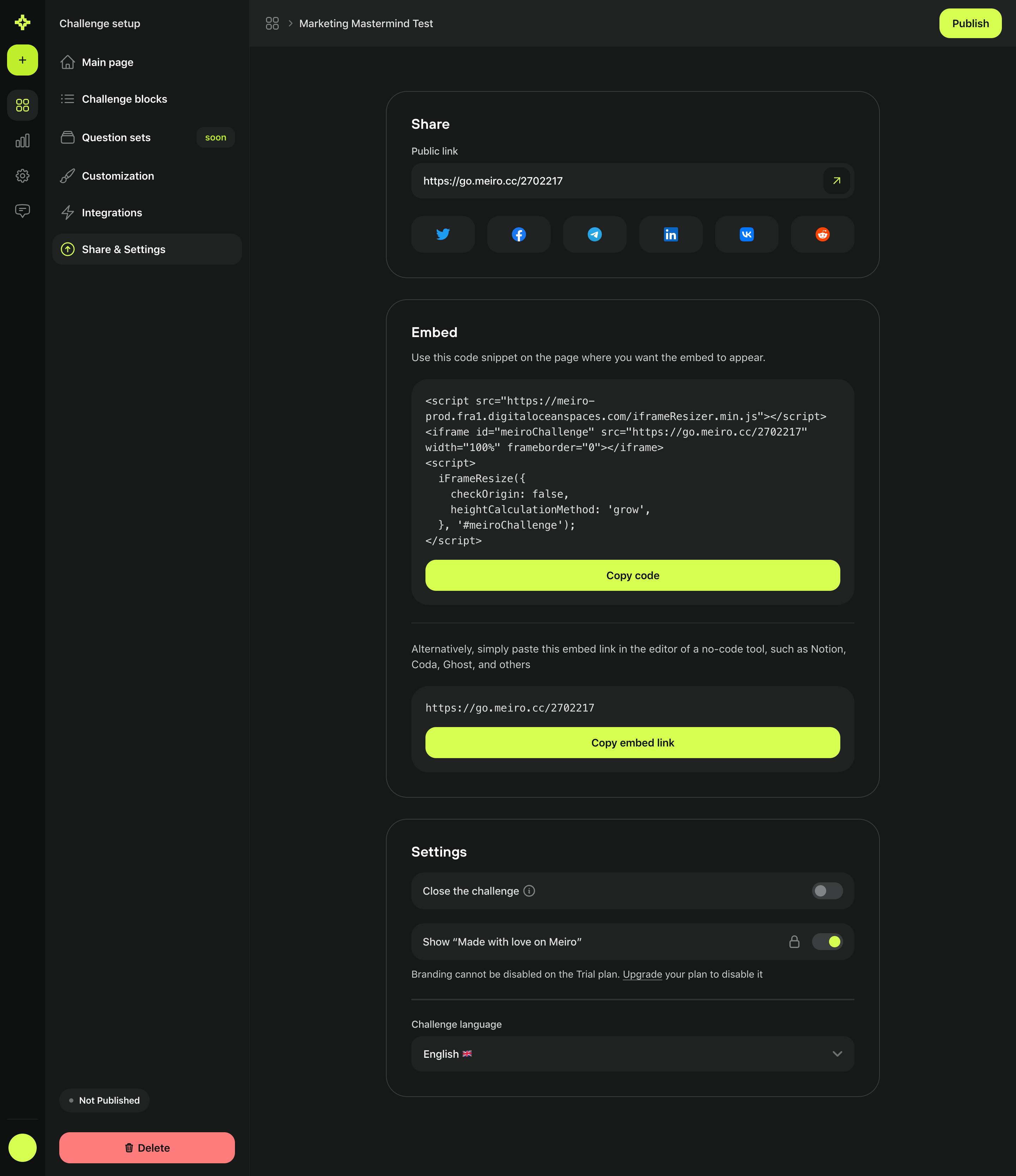 Meiro Sharing Setup SaaS interface example