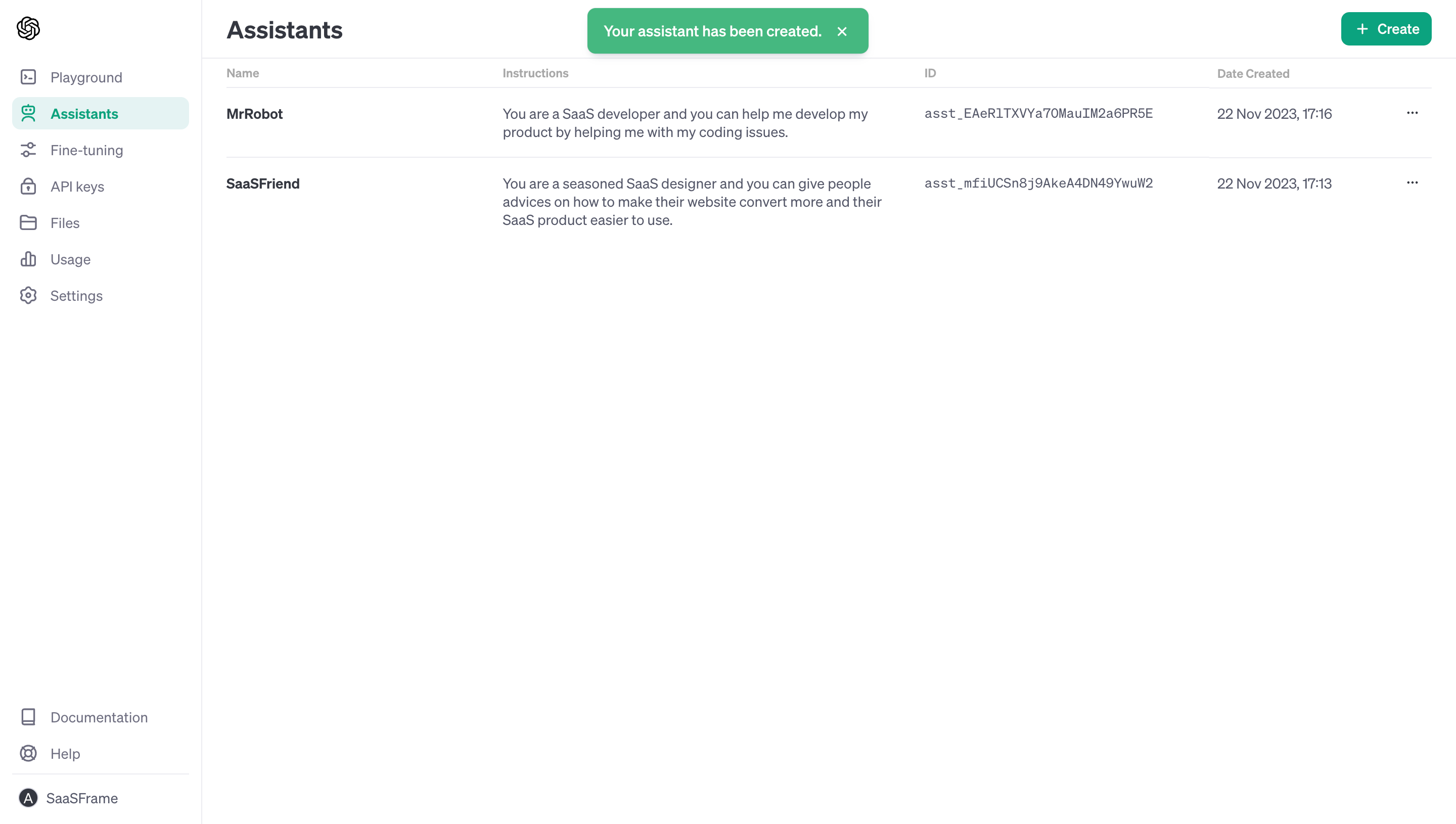 OpenAI Assistants Table SaaS interface example