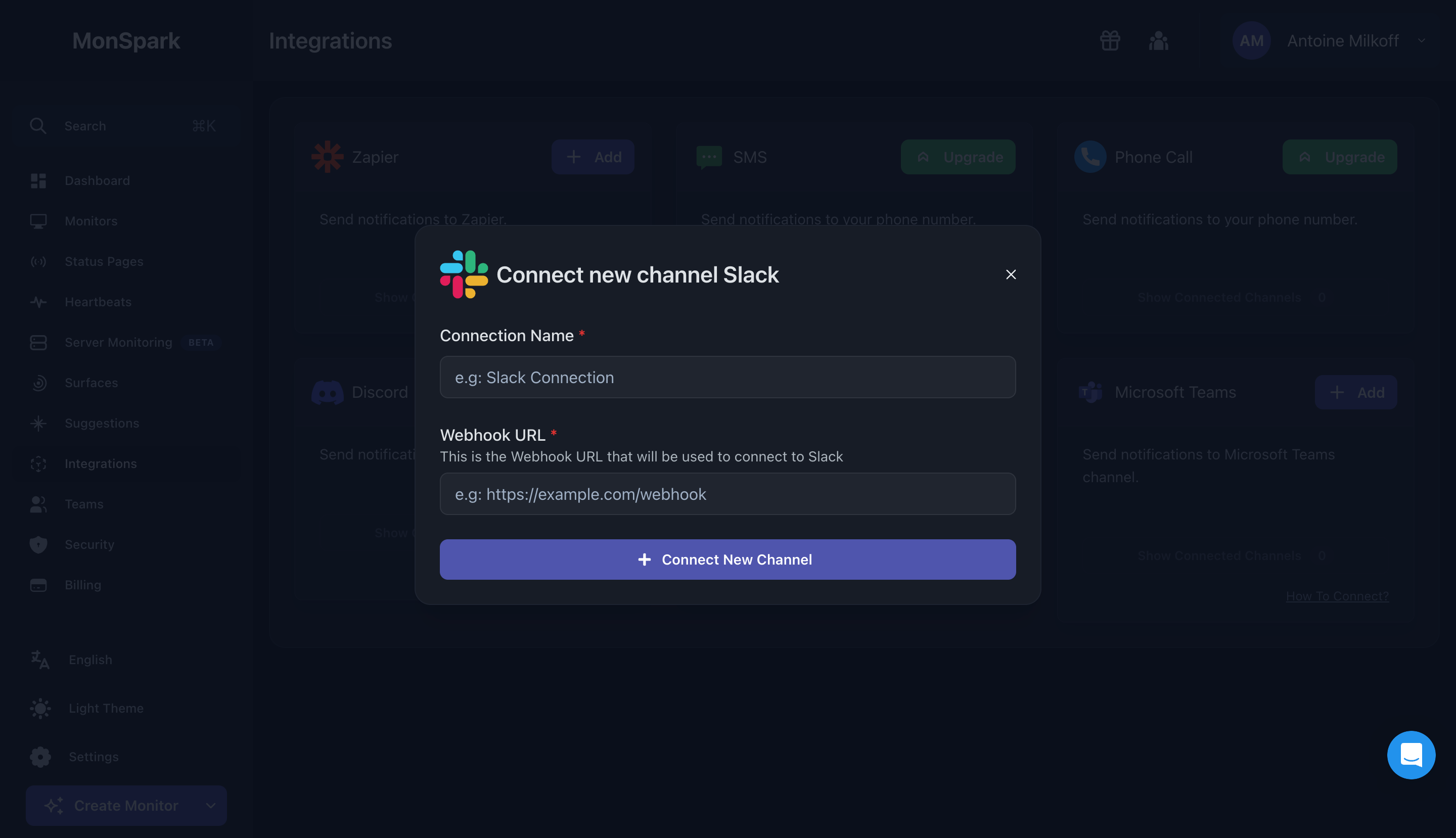 MonSpark Slack Connection SaaS interface example