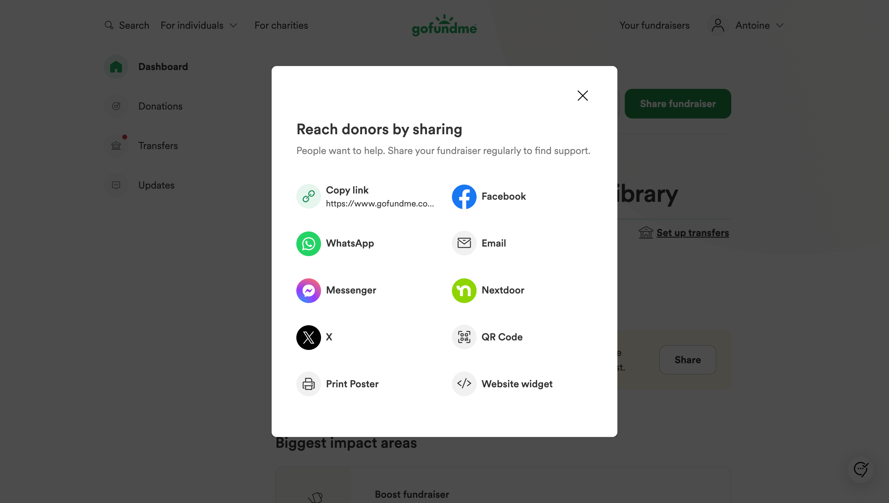 GoFundMe Share Modal SaaS interface example