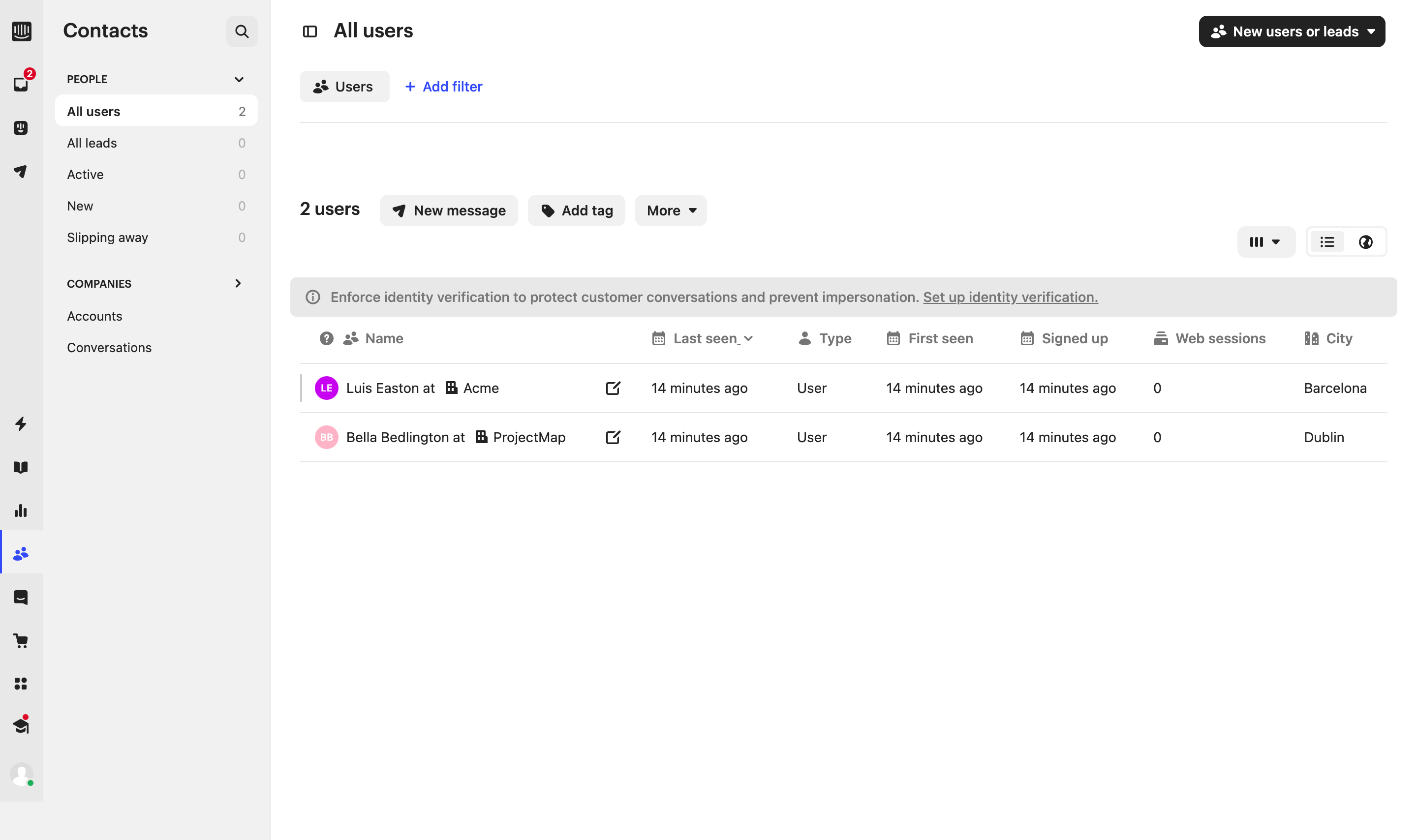 Intercom Users Table SaaS interface example