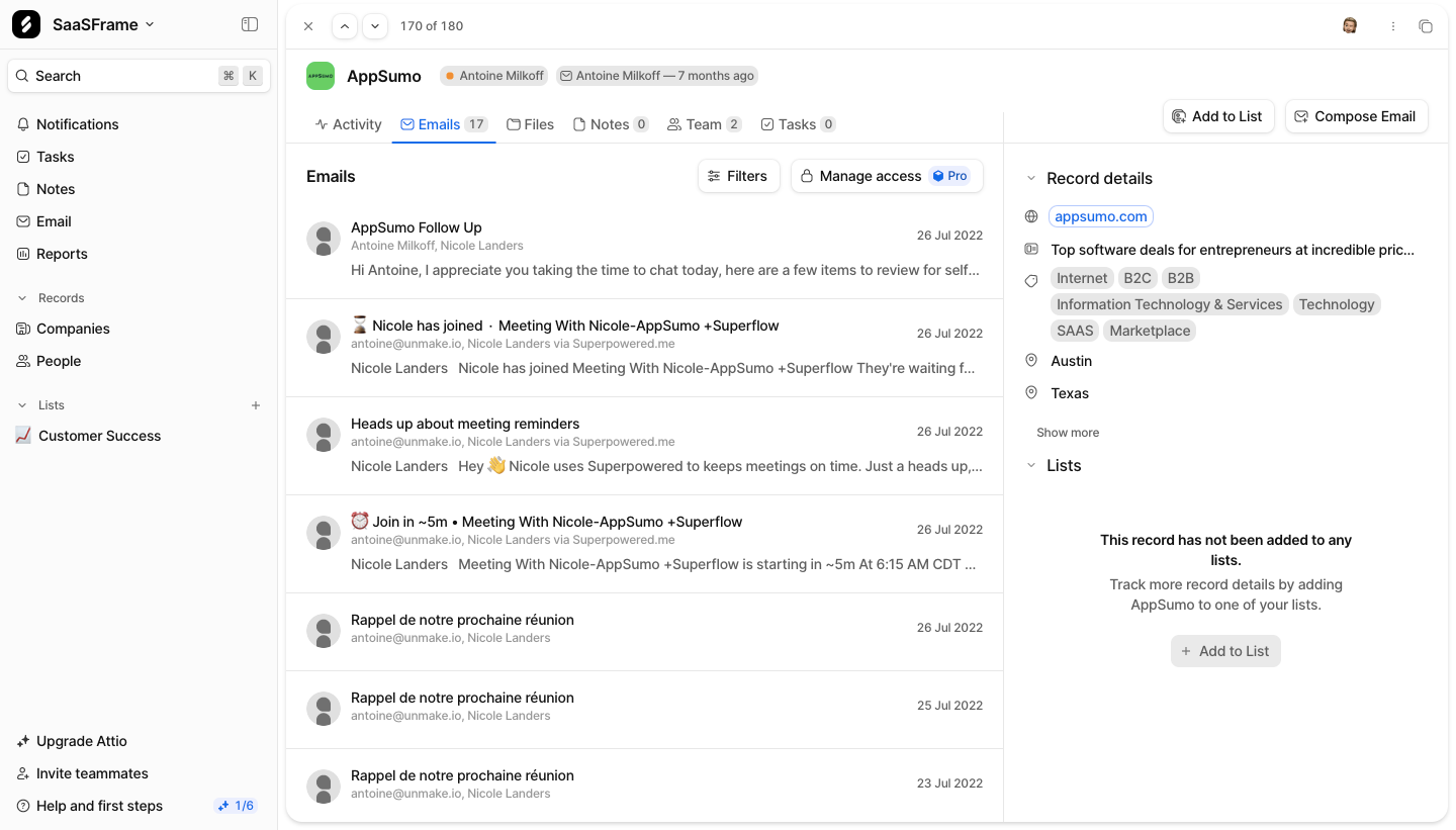 Attio Company Email List SaaS interface example