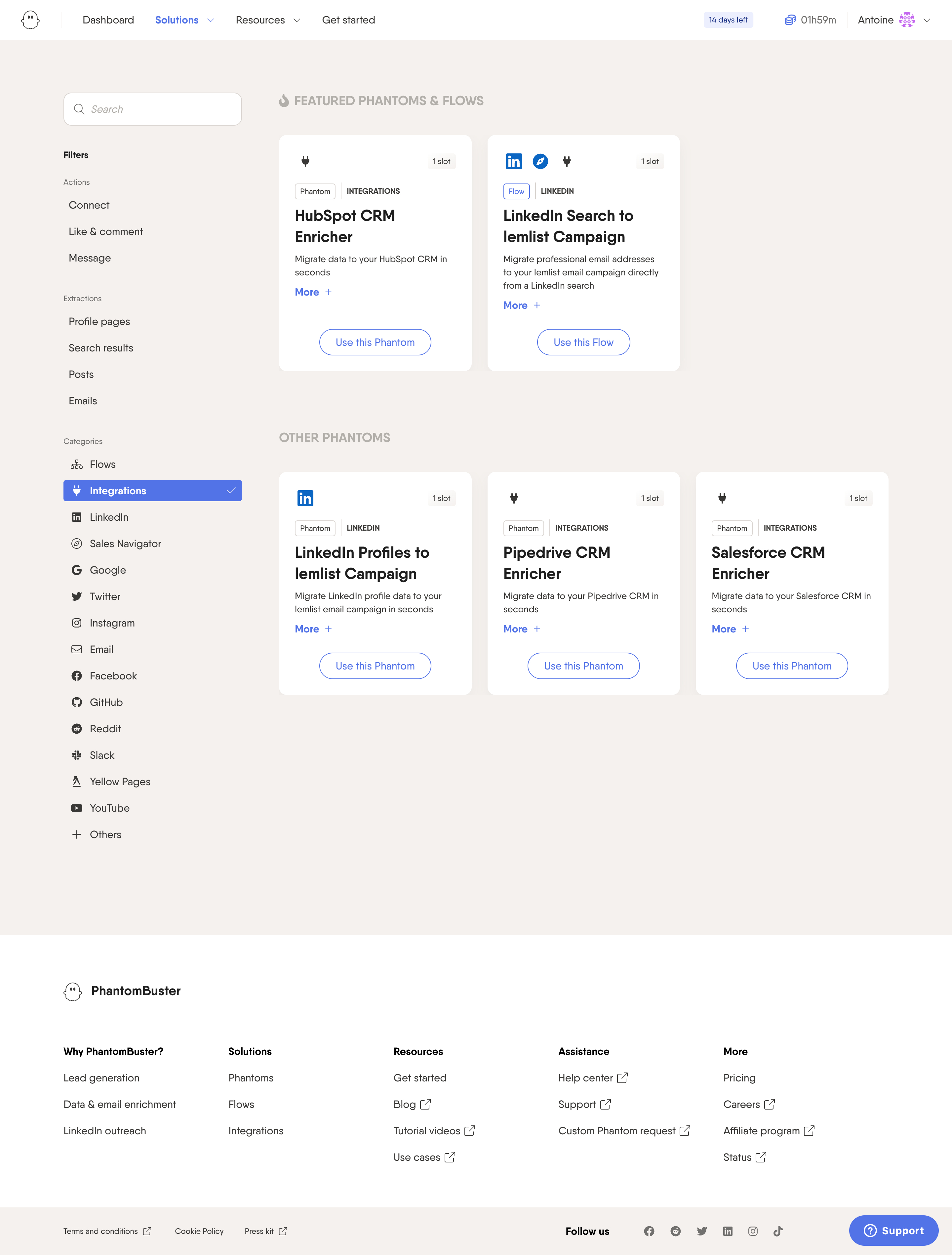 Phantombuster Integrations SaaS interface example