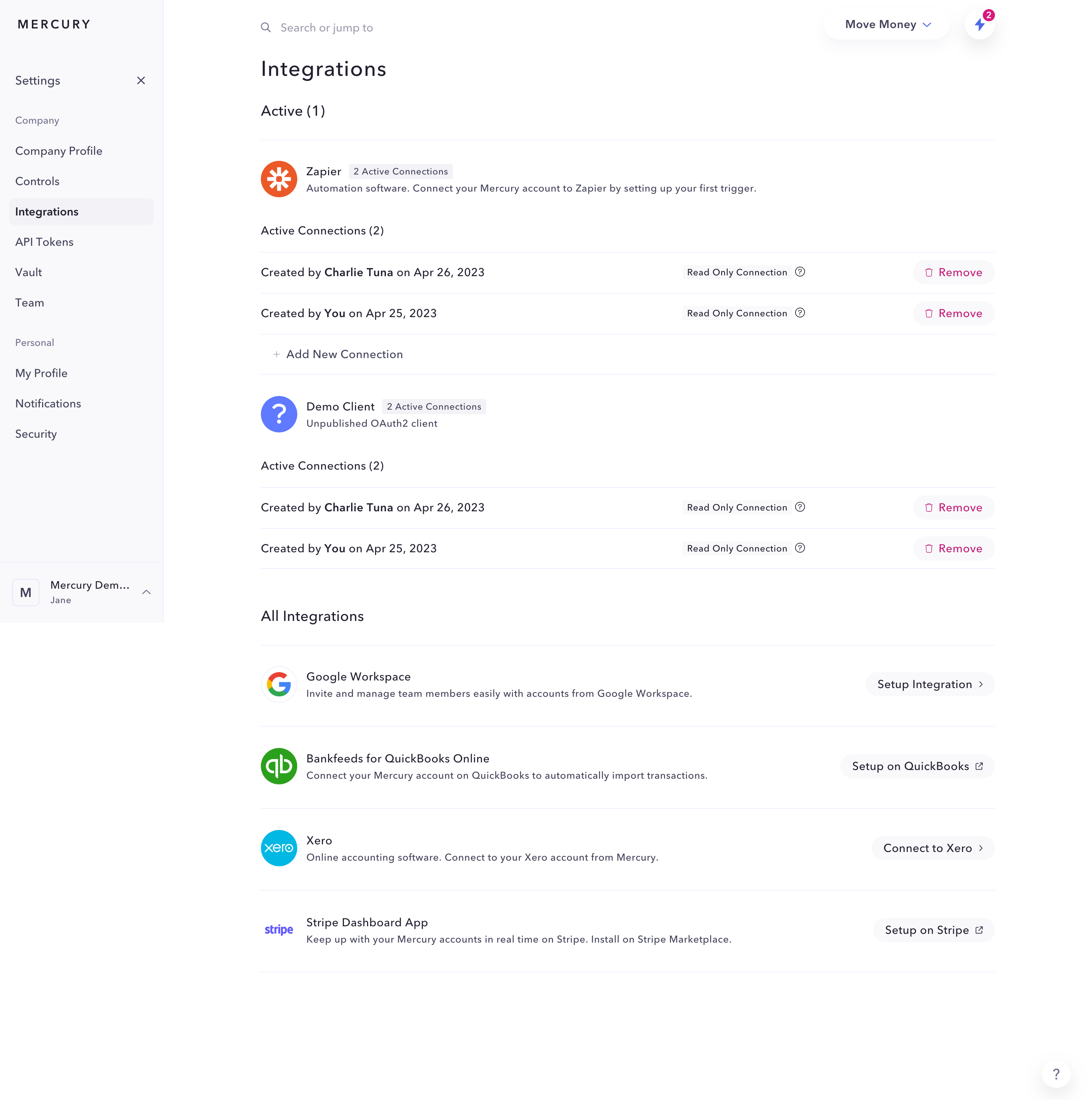 Mercury Integration Settings SaaS interface example