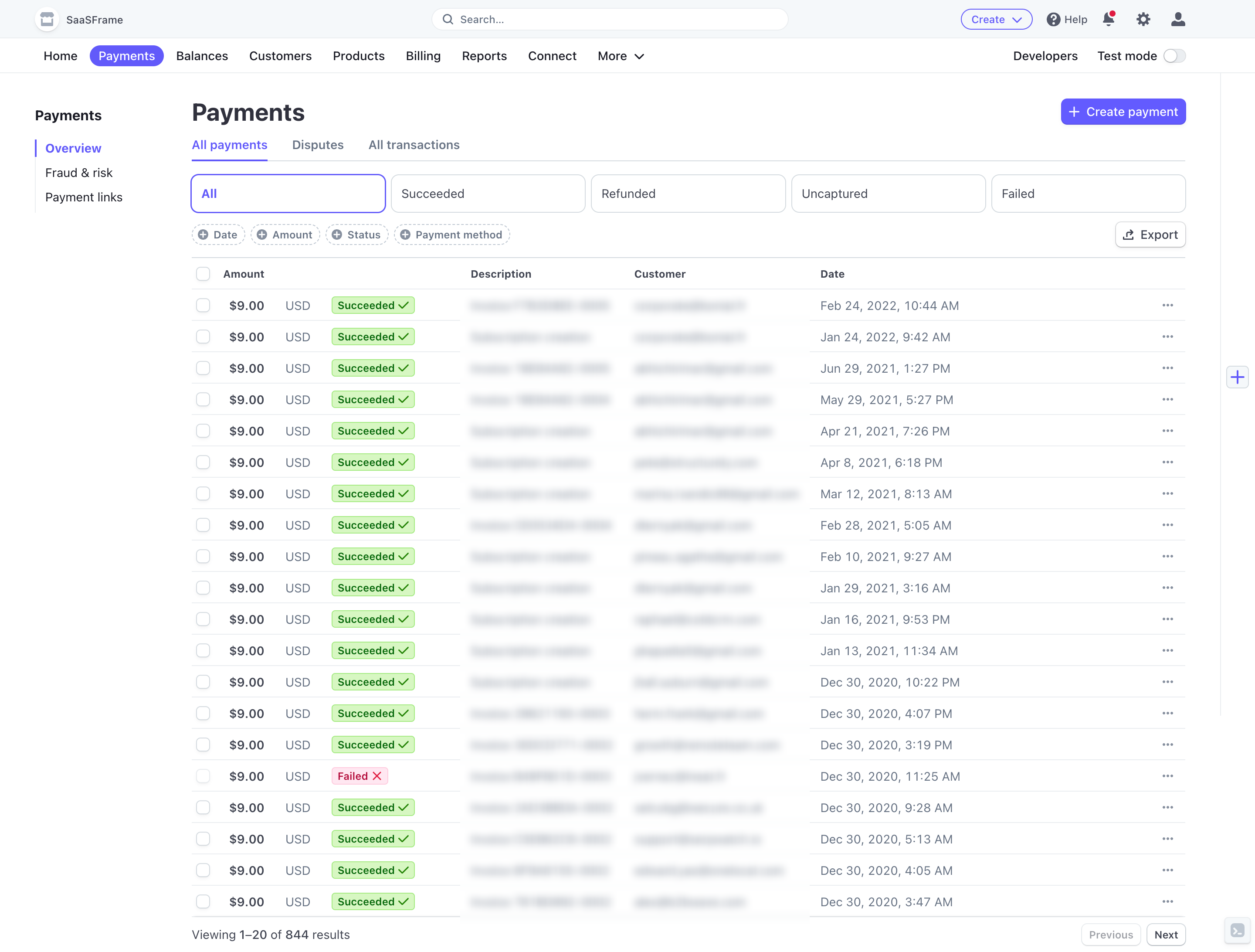 Stripe Payments Table SaaS interface example