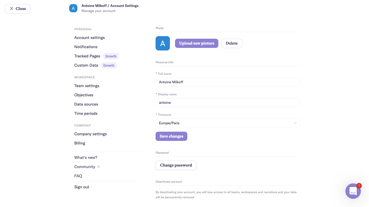 Narrative BI Account Settings SaaS interface example