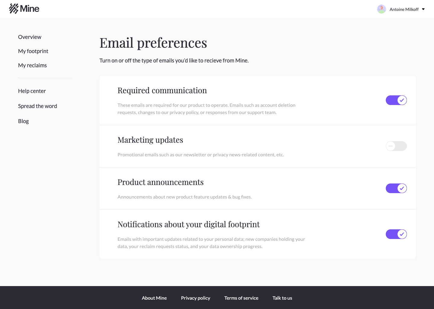 Mine Email Preferences SaaS interface example