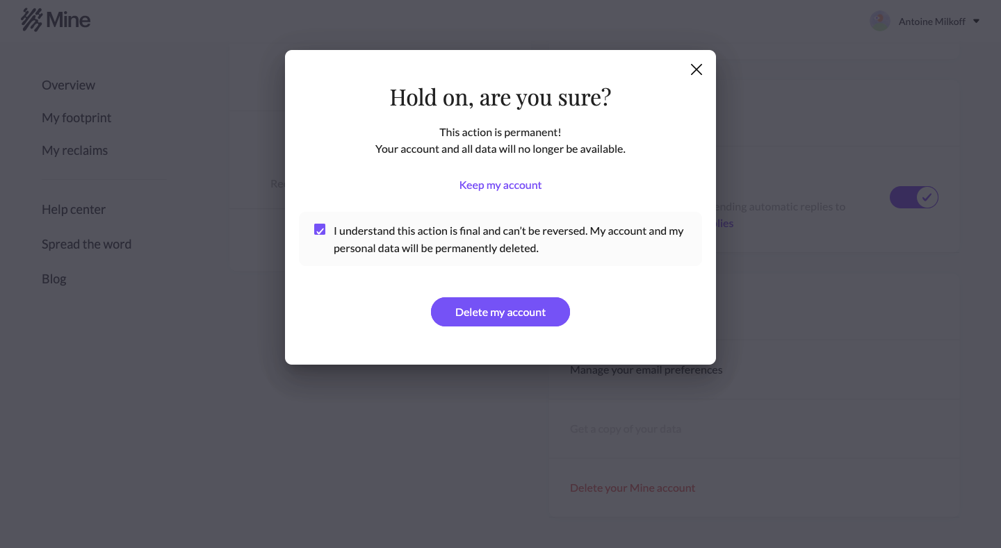 Mine Delete Account SaaS interface example