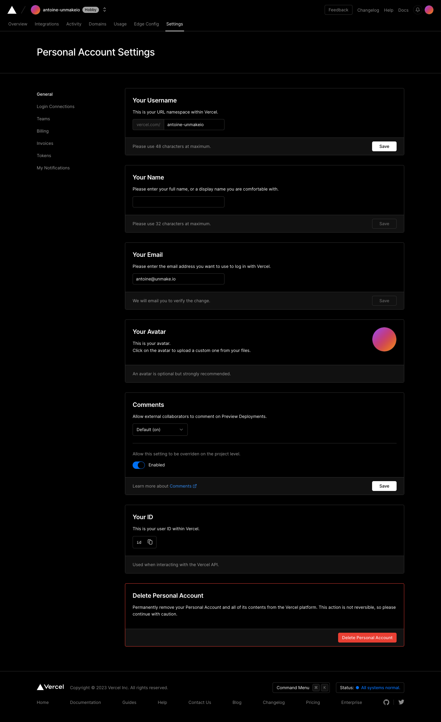 Vercel Account Settings SaaS interface example