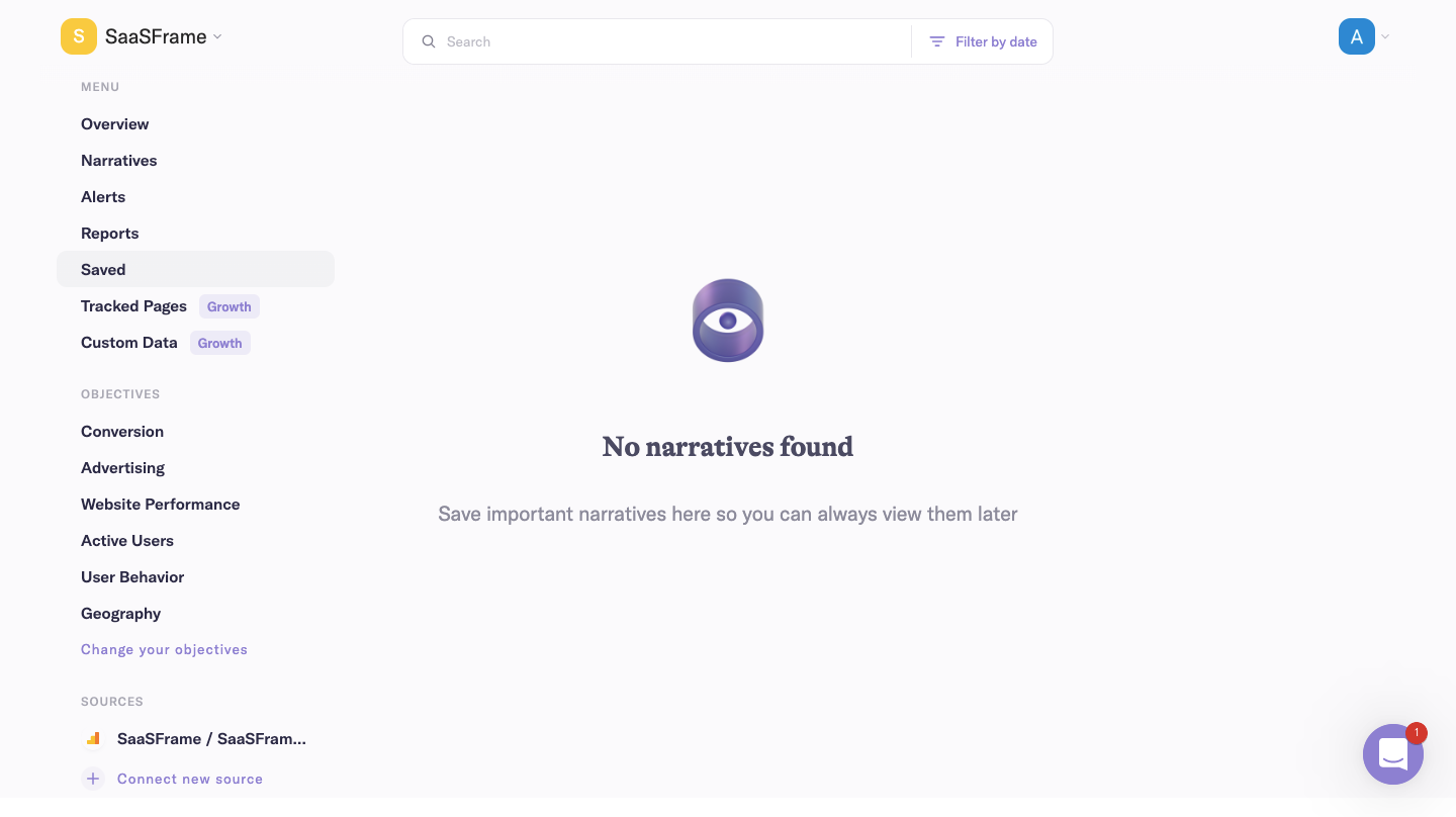 Narrative BI Empty Dashboard SaaS interface example