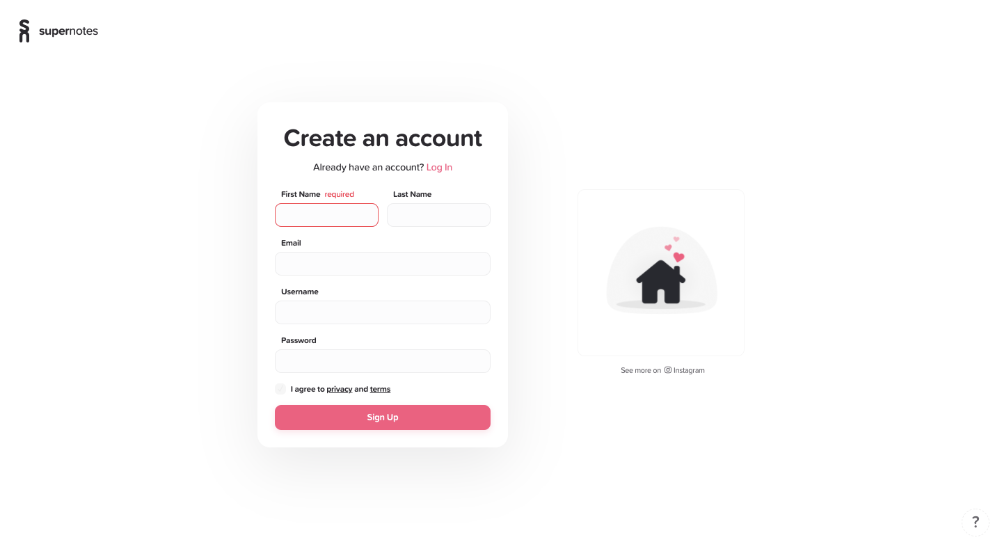 Supernotes Signup Page SaaS interface example
