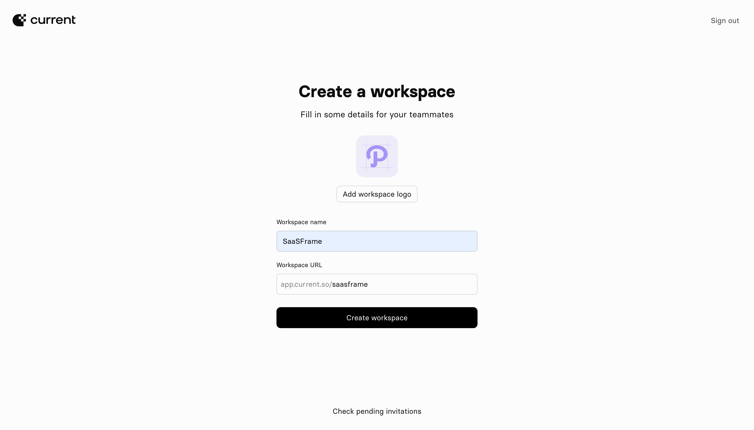 Current workspace setup screen with logo, workspace name and workspace URL fields