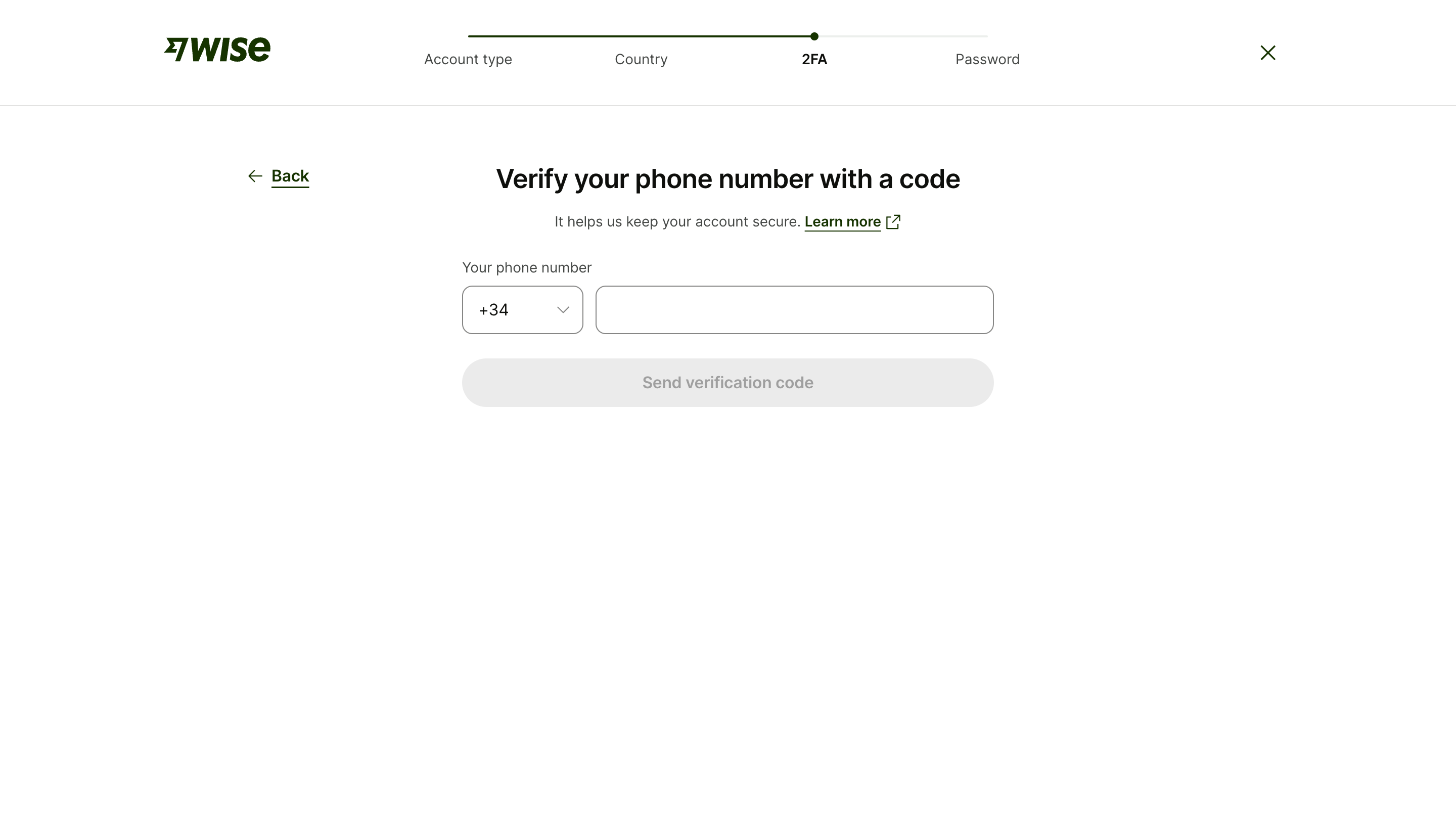 Wise fintech onboarding screen for verifying a phone number with a code