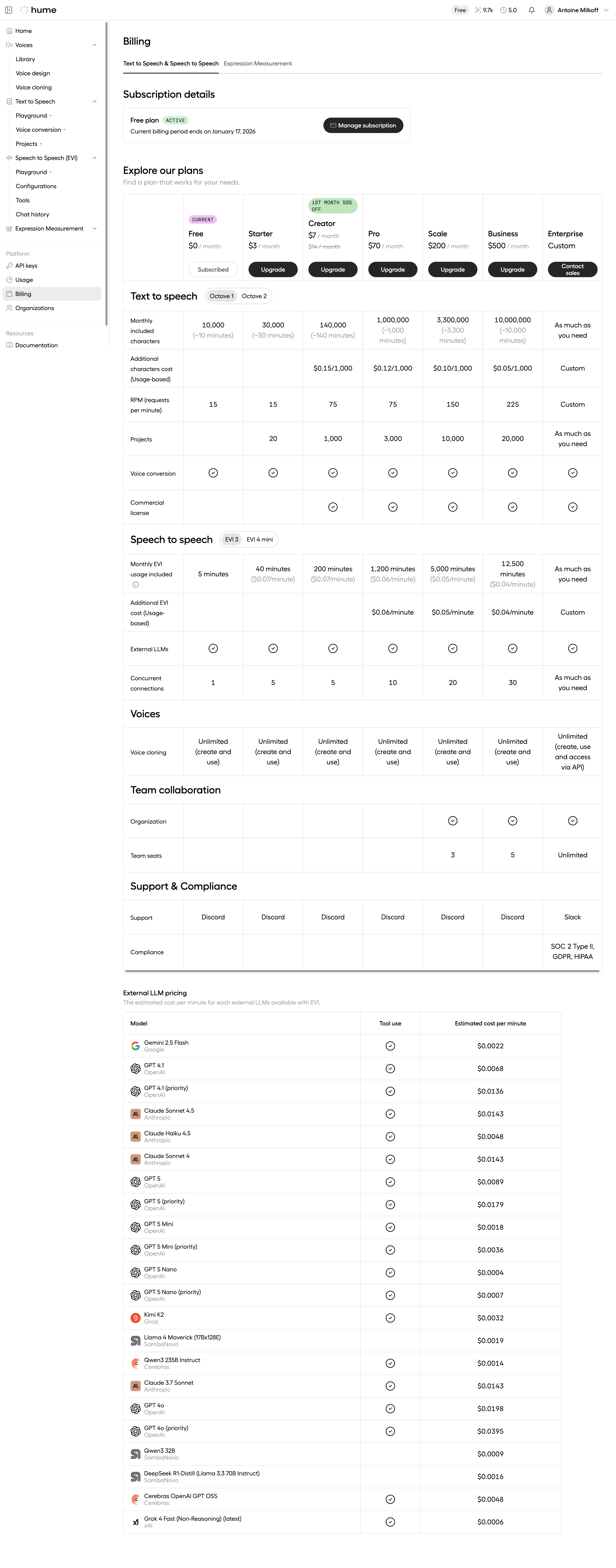 Hume AI Text to Speech Billing SaaS interface example