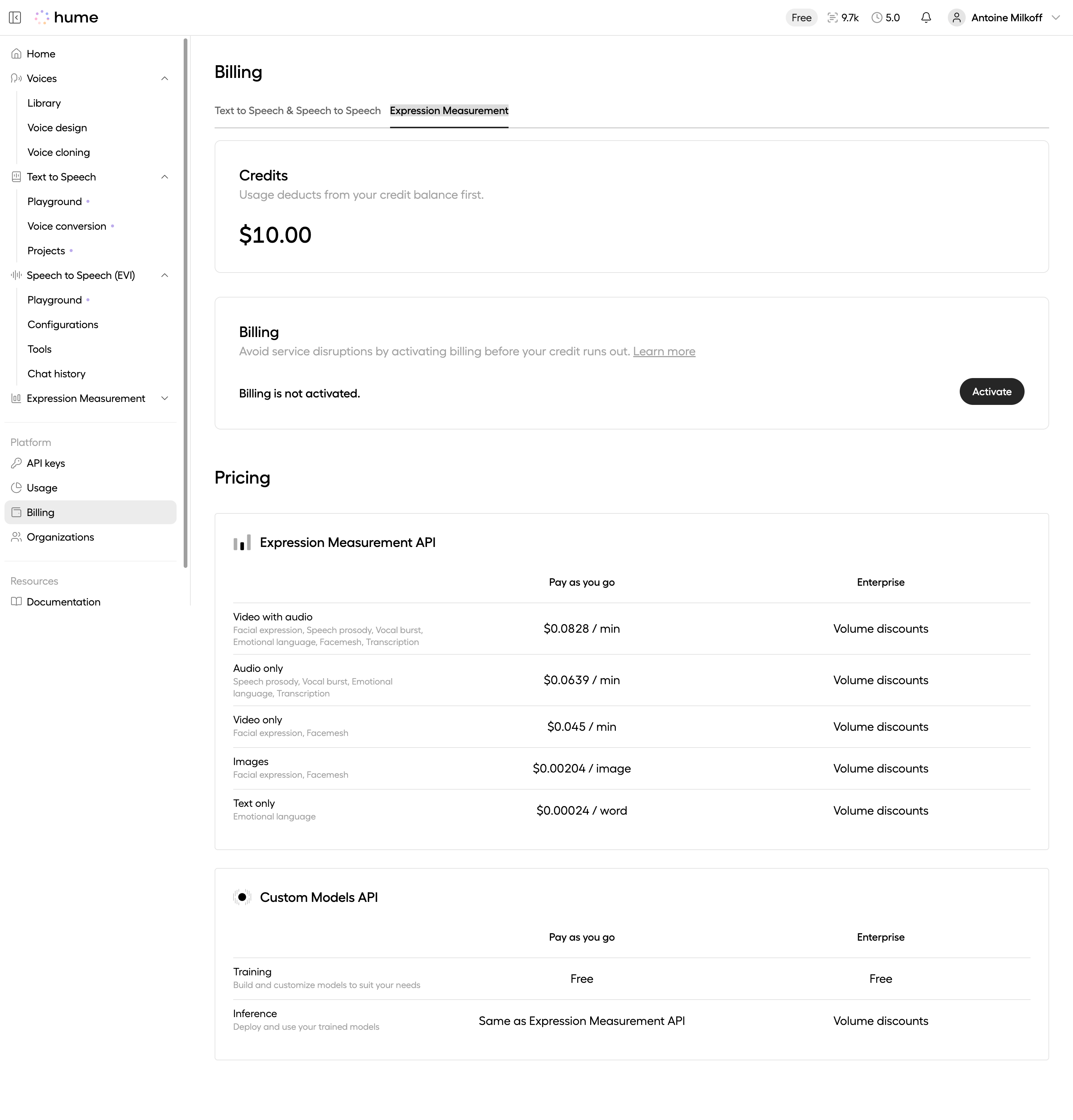 Hume AI Expression Measurement Billing SaaS interface example