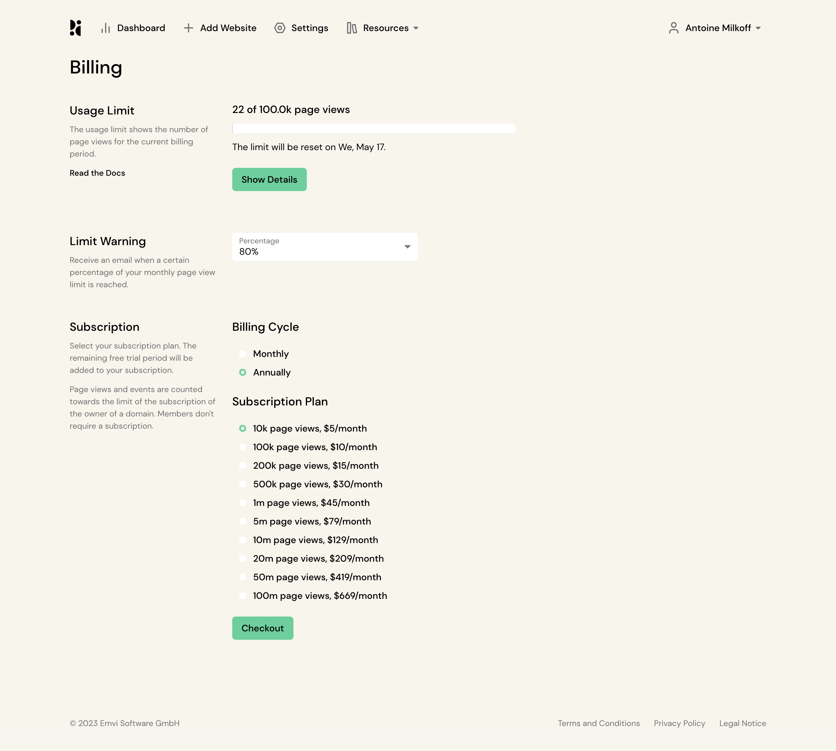 Pirsch Analytics Billing SaaS interface example