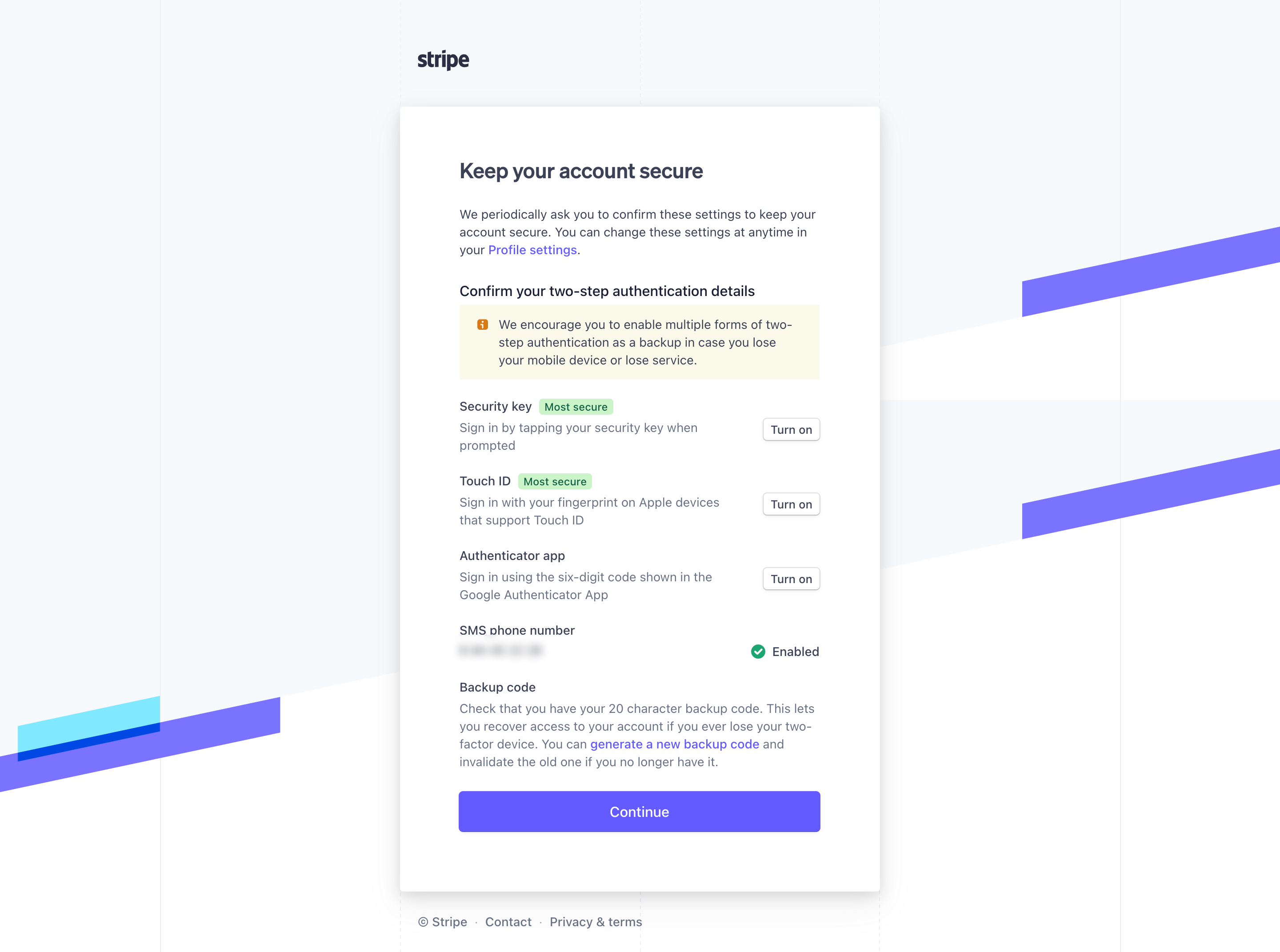 Stripe account security setup with security key, Touch ID, authenticator app, SMS and backup code options