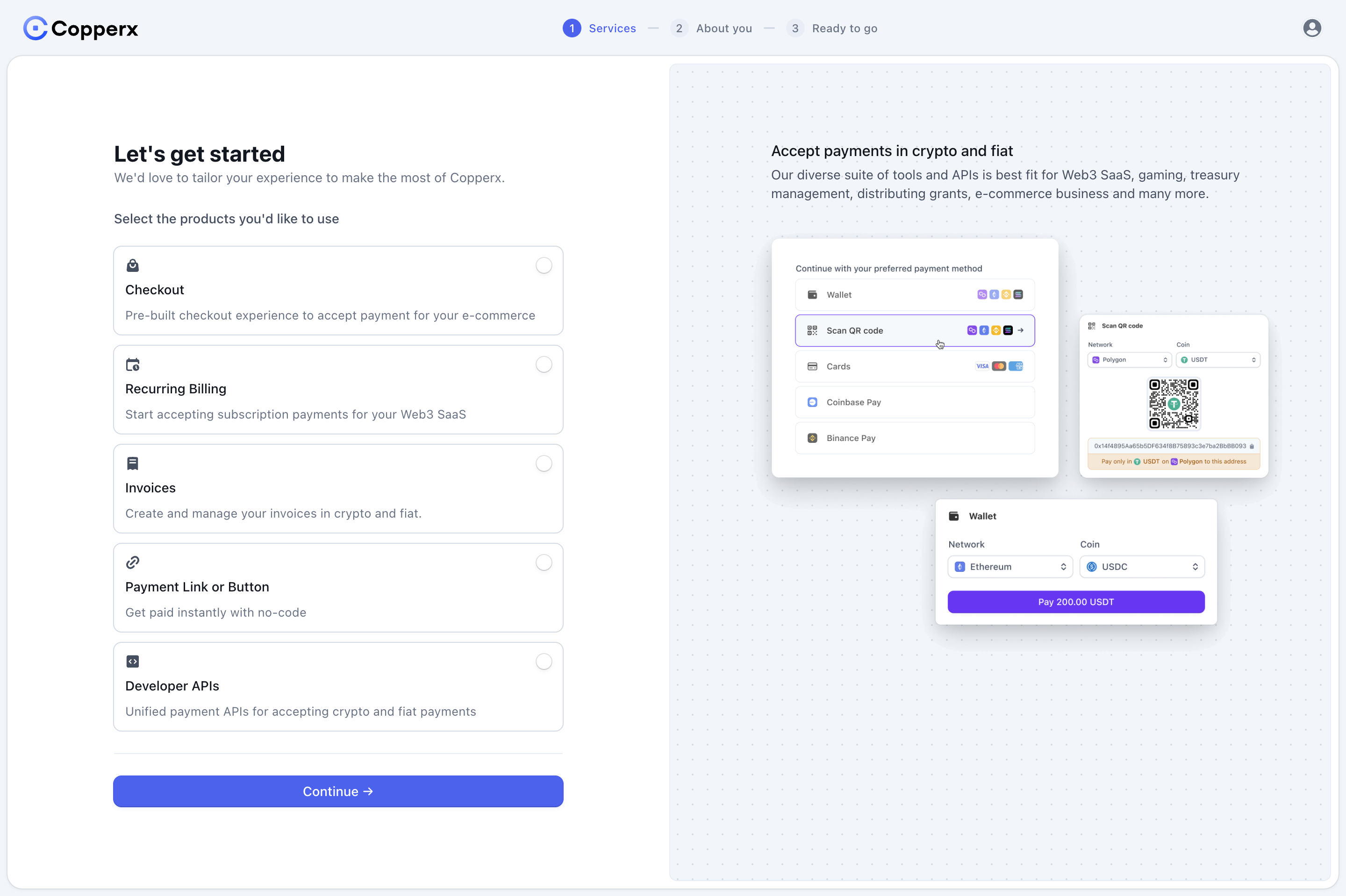 Copperx onboarding screen for choosing fintech payment products