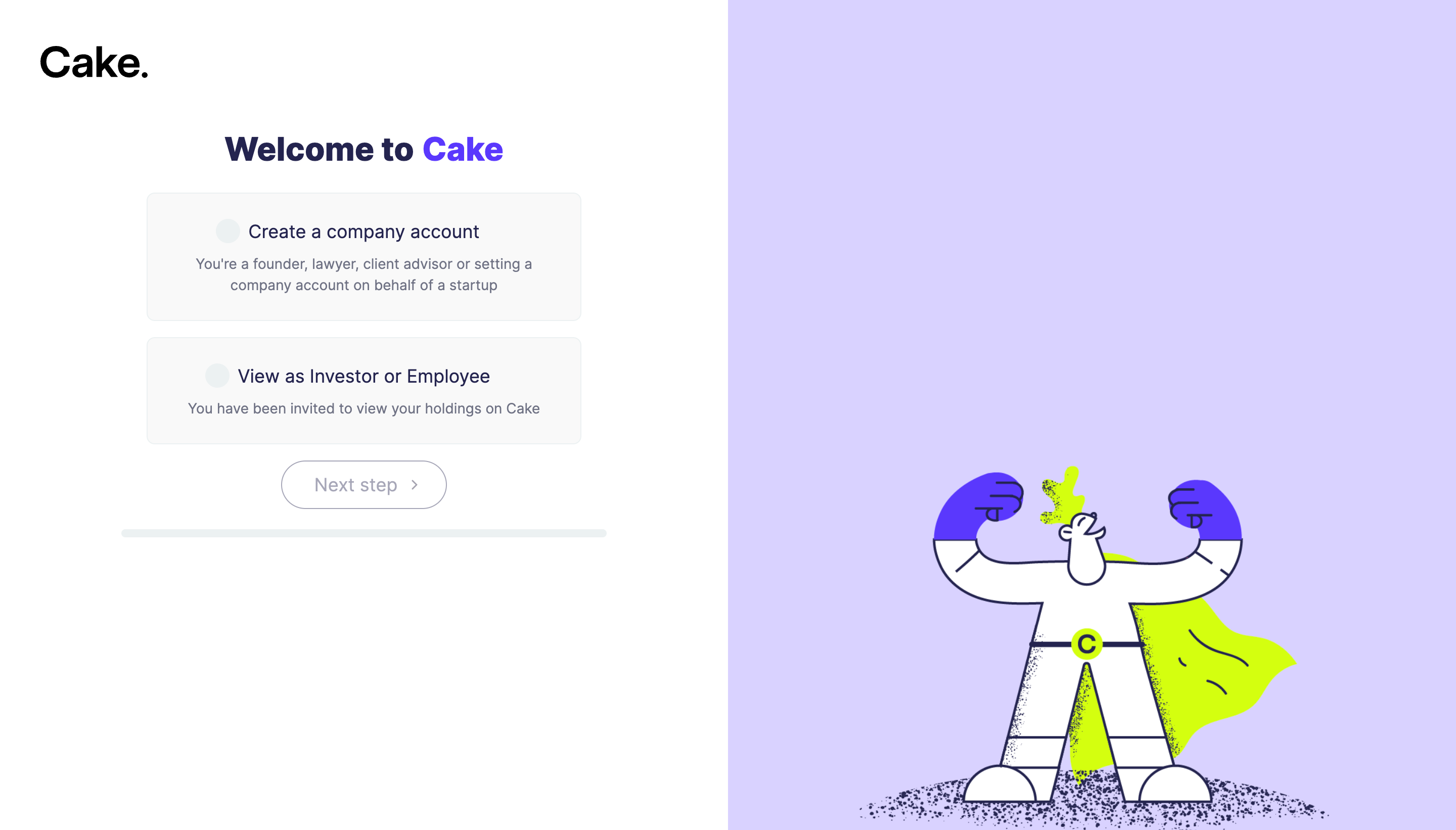 Cake Equity account setup with choices for company administrators, investors and employees
