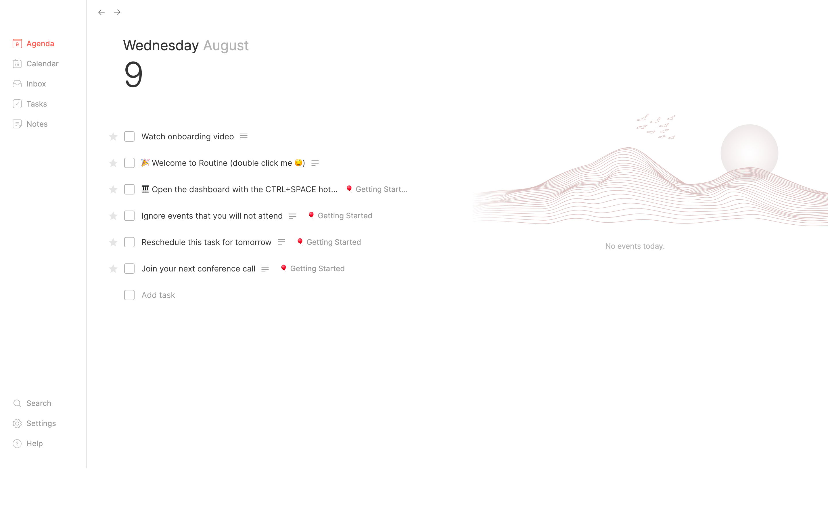 Routine SaaS dashboard showing an empty productivity view and onboarding checklist