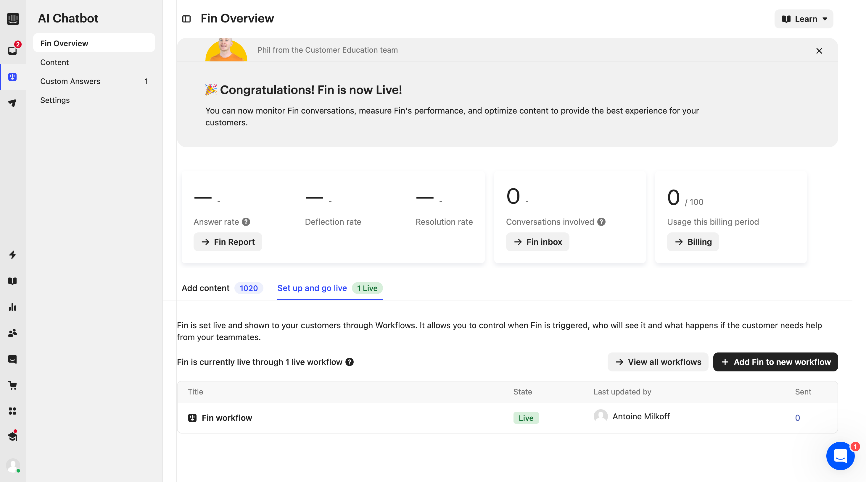 Intercom SaaS dashboard showing AI chatbot metrics and setup actions