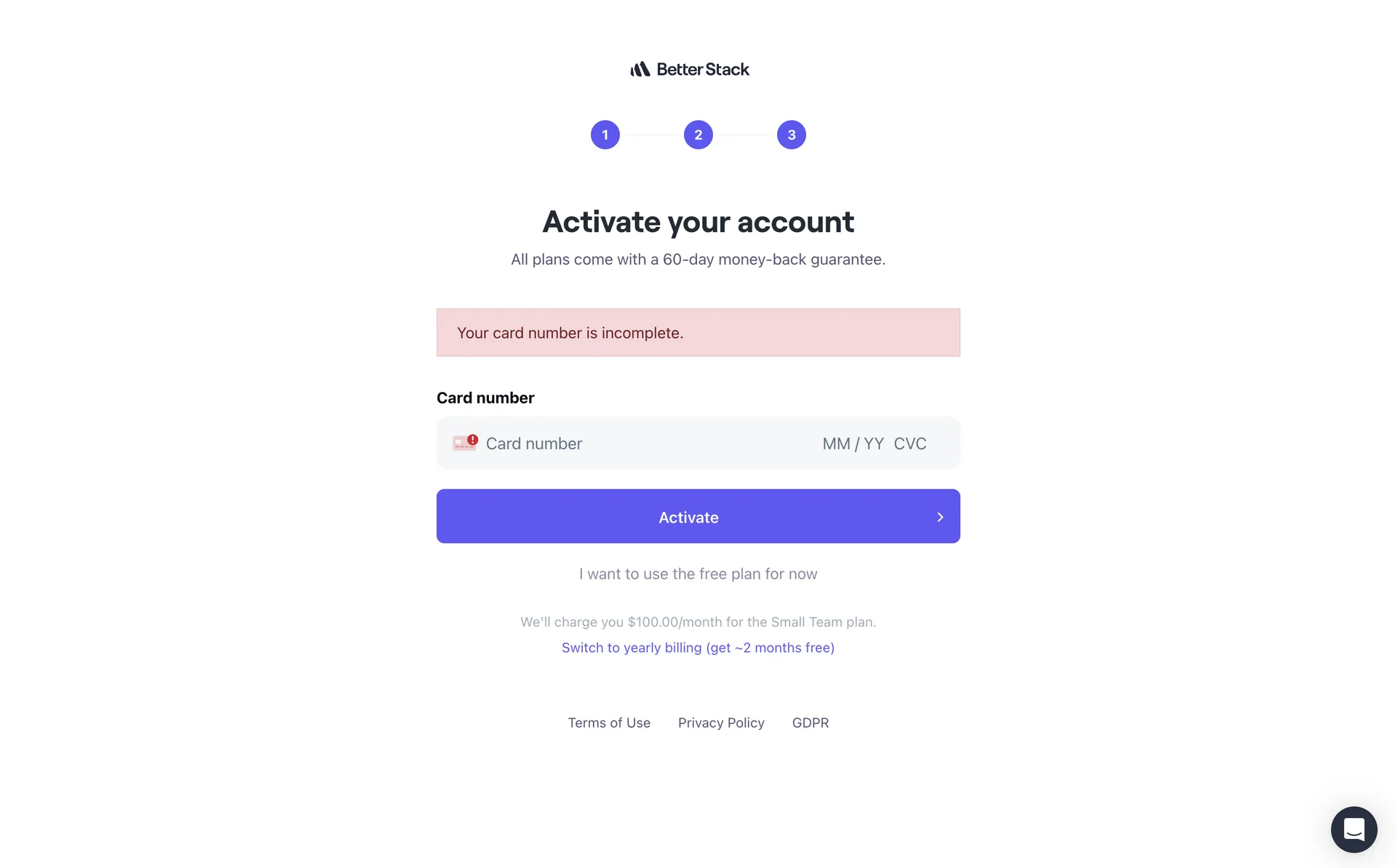 Better Stack error message