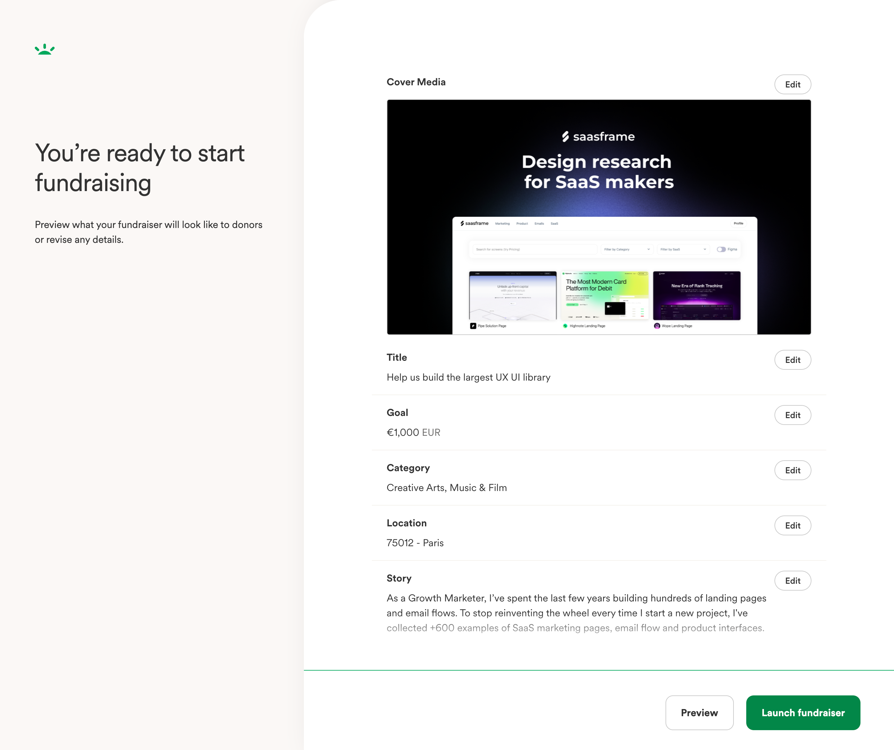 GoFundMe onboarding review screen summarizing fundraiser details before launch