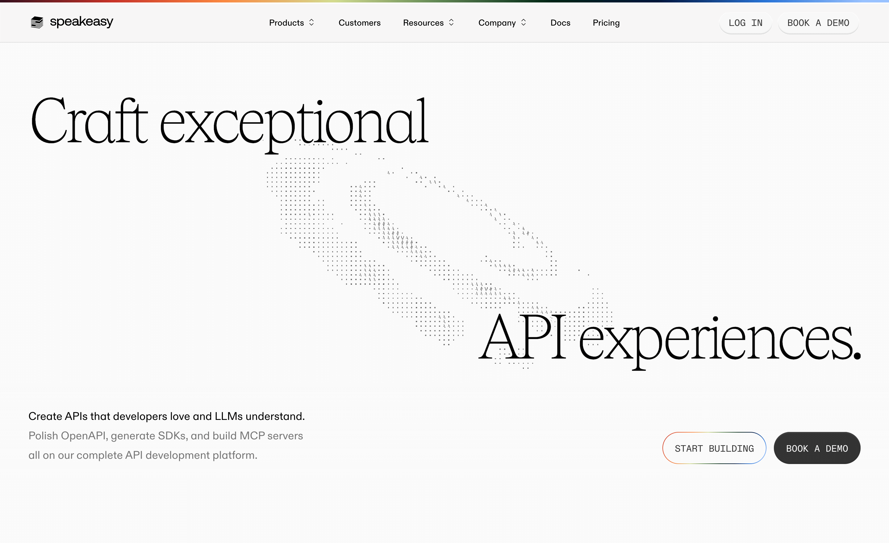 Speakeasy landing-page hero with API positioning, OpenAPI SDK and MCP supporting copy, and two calls to action
