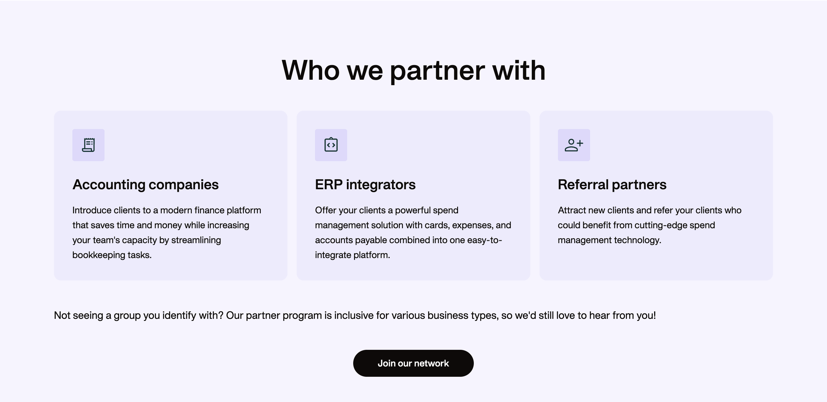 Payhawk partner audience cards for accounting companies, ERP integrators, and referral partners, with a join action