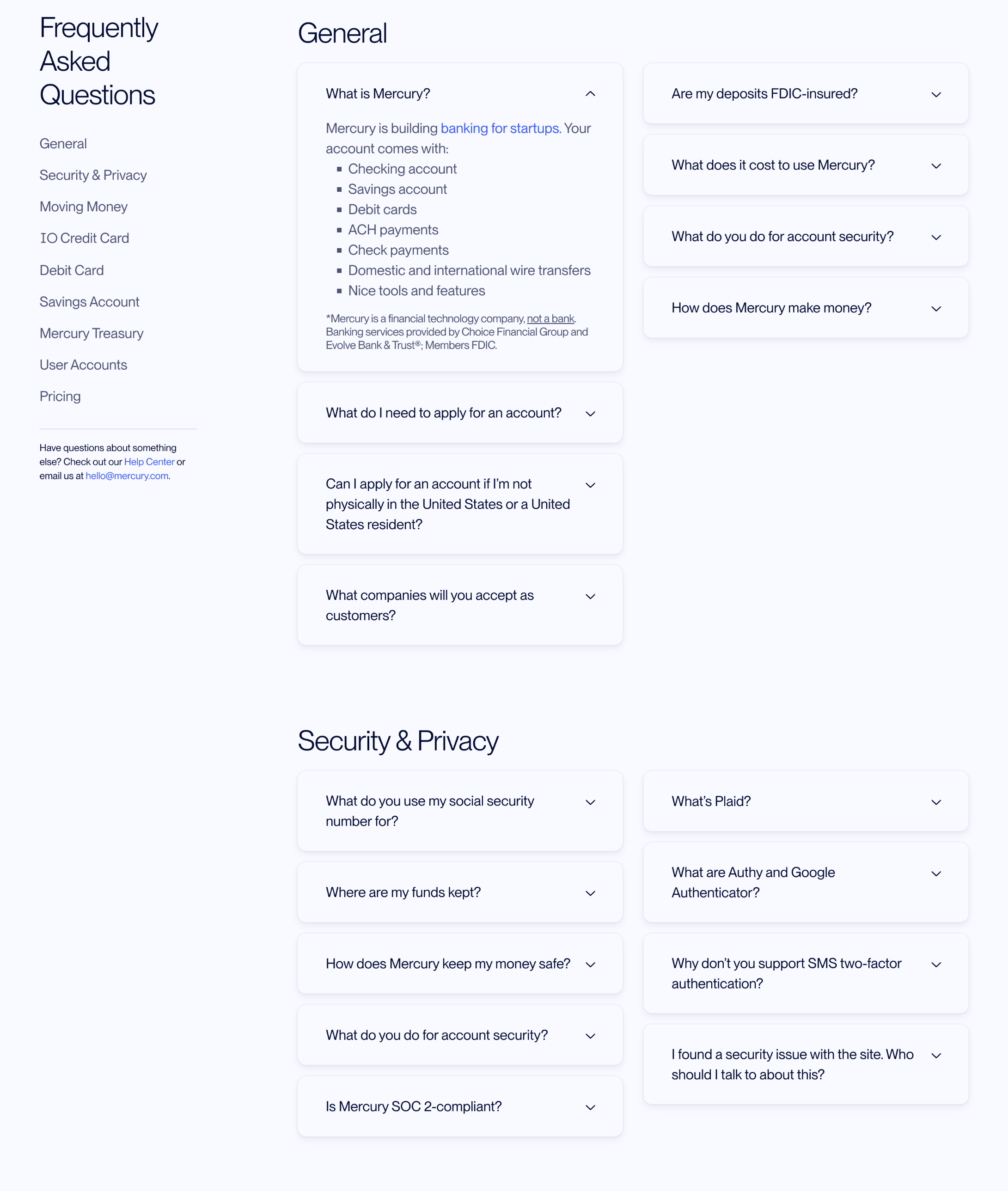 Mercury FAQ — faq category navigation and expandable answers