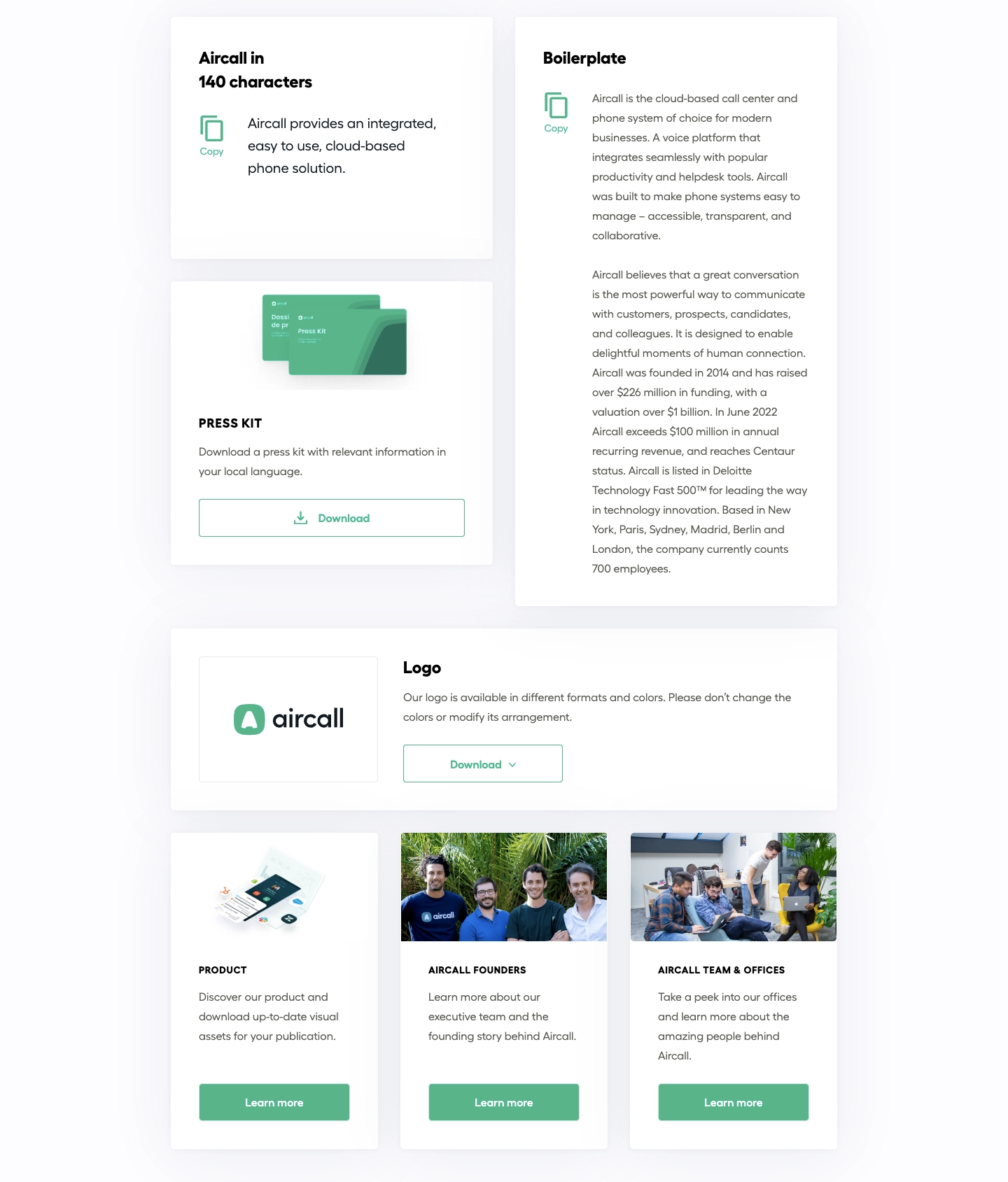 Aircall Newsroom — company summary, press kit, logos, and reporting resources