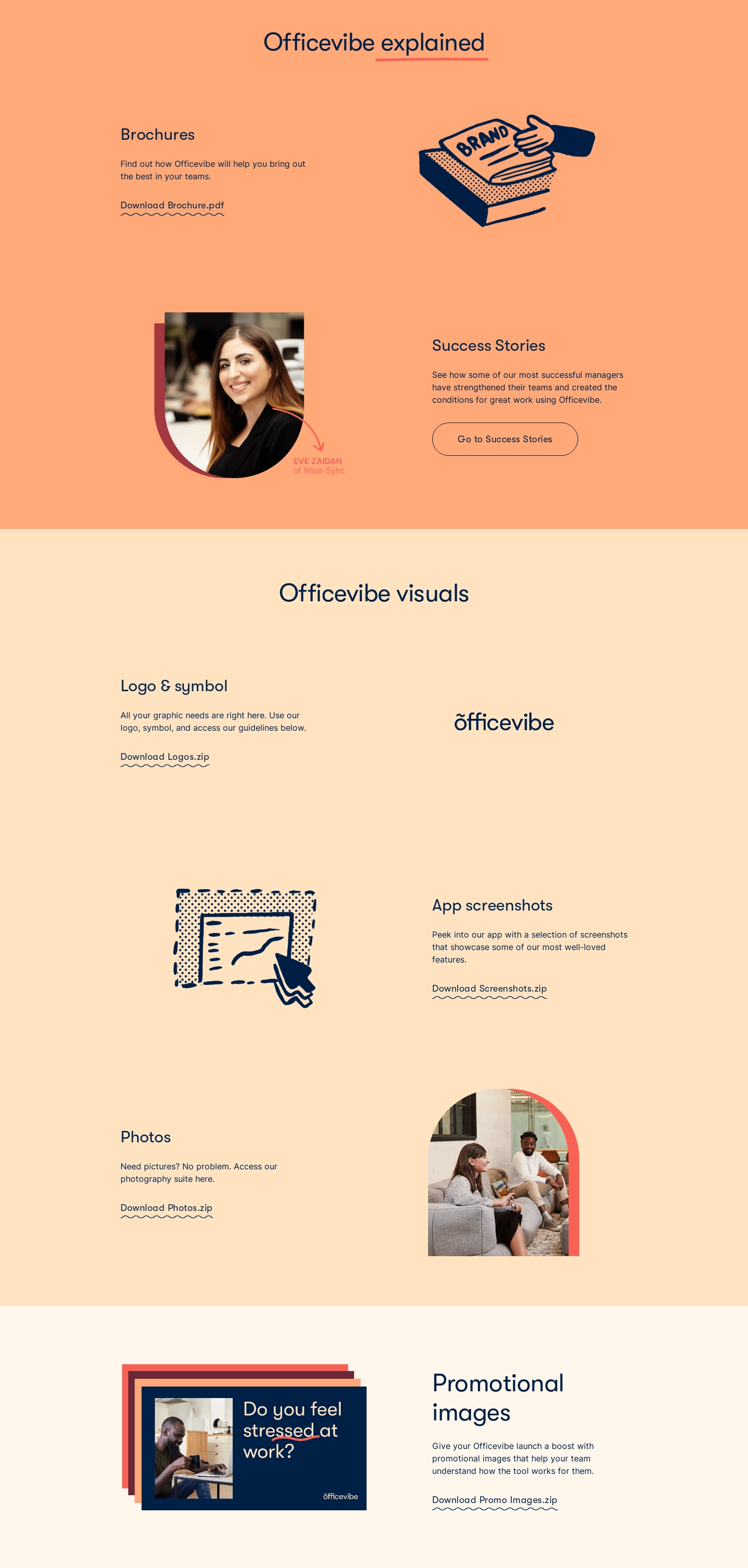 Officevibe Press Page — labeled brochure and visual press-asset groups