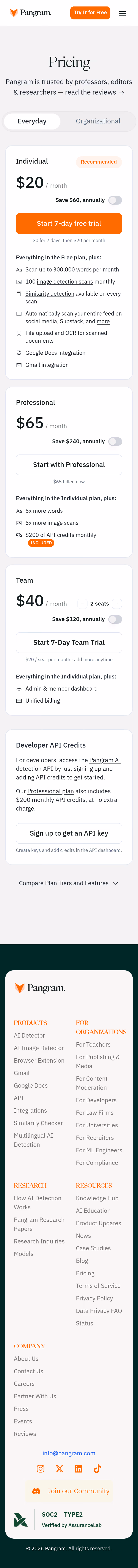 Pangram Pricing Page