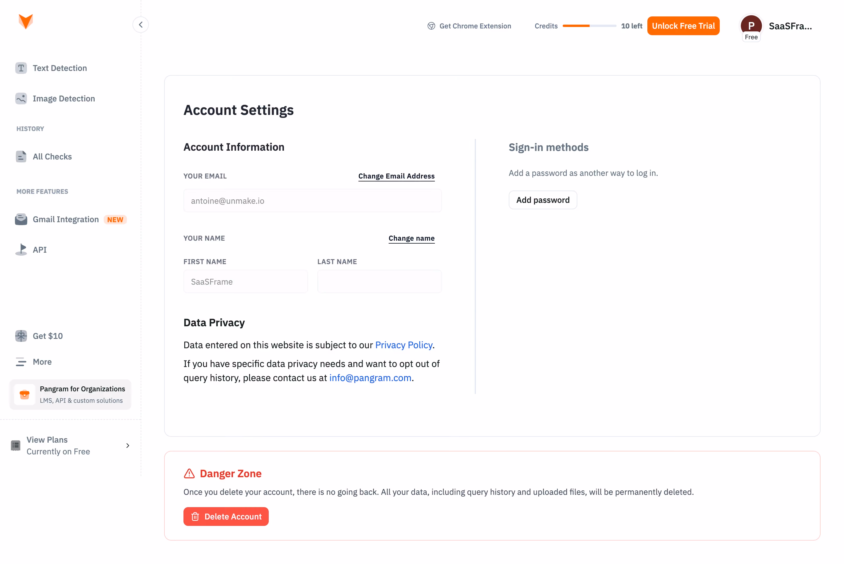 Pangram Account settings